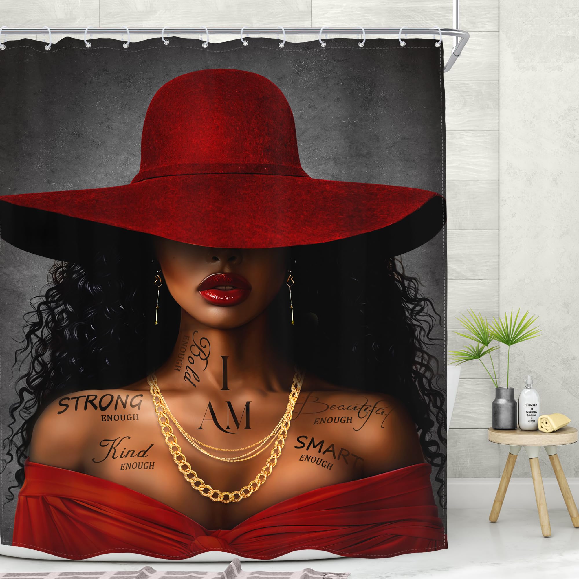 Meshelly Red Black Girl Shower Curtain 60Wx72H African American Inspirational Quotes Shower Curtain Black Woman Shower Curtain F