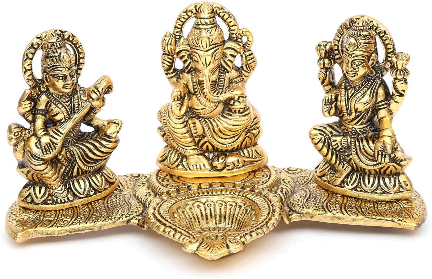 CHHARIYA CRAFTS Laxmi Ganesha Saraswati with Diya On Leaf Statue Idol Murti for Home and Office in Metal Decorative Showpiece -