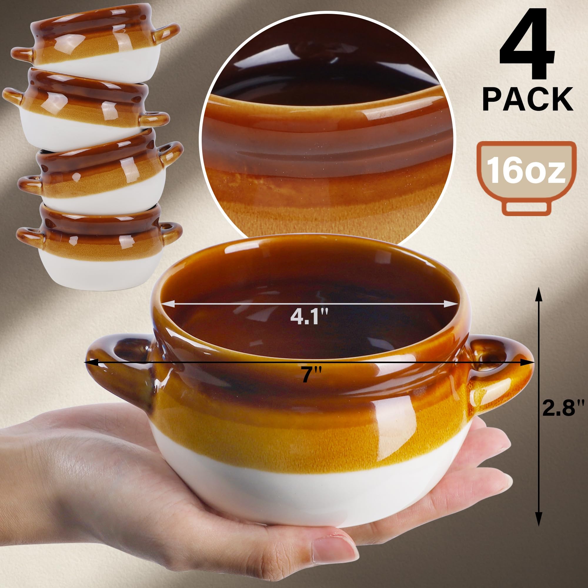Adroiteet French Onion Soup Crocks, 4 Pack 16 Oz French Onion Soup Bowls Oven Safe, Large Ceramic Soup Bowl With Handles
