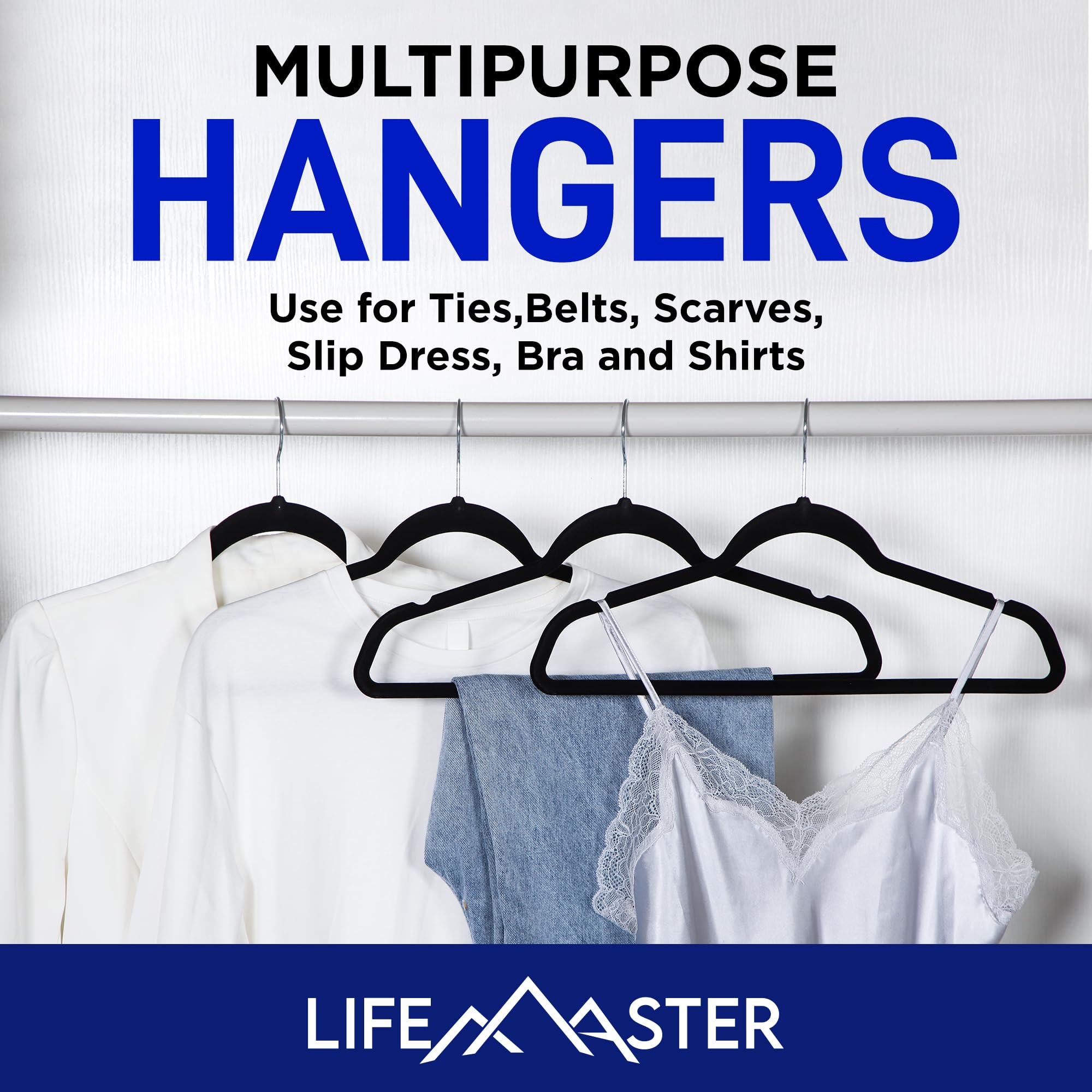 Lifemaster Velvet Non-Slip Plastic Hanger Set - 50 Pieces Non-Slip Clothes Hanger Set With 360 Swivel Hook, Space-Saving, Sleek