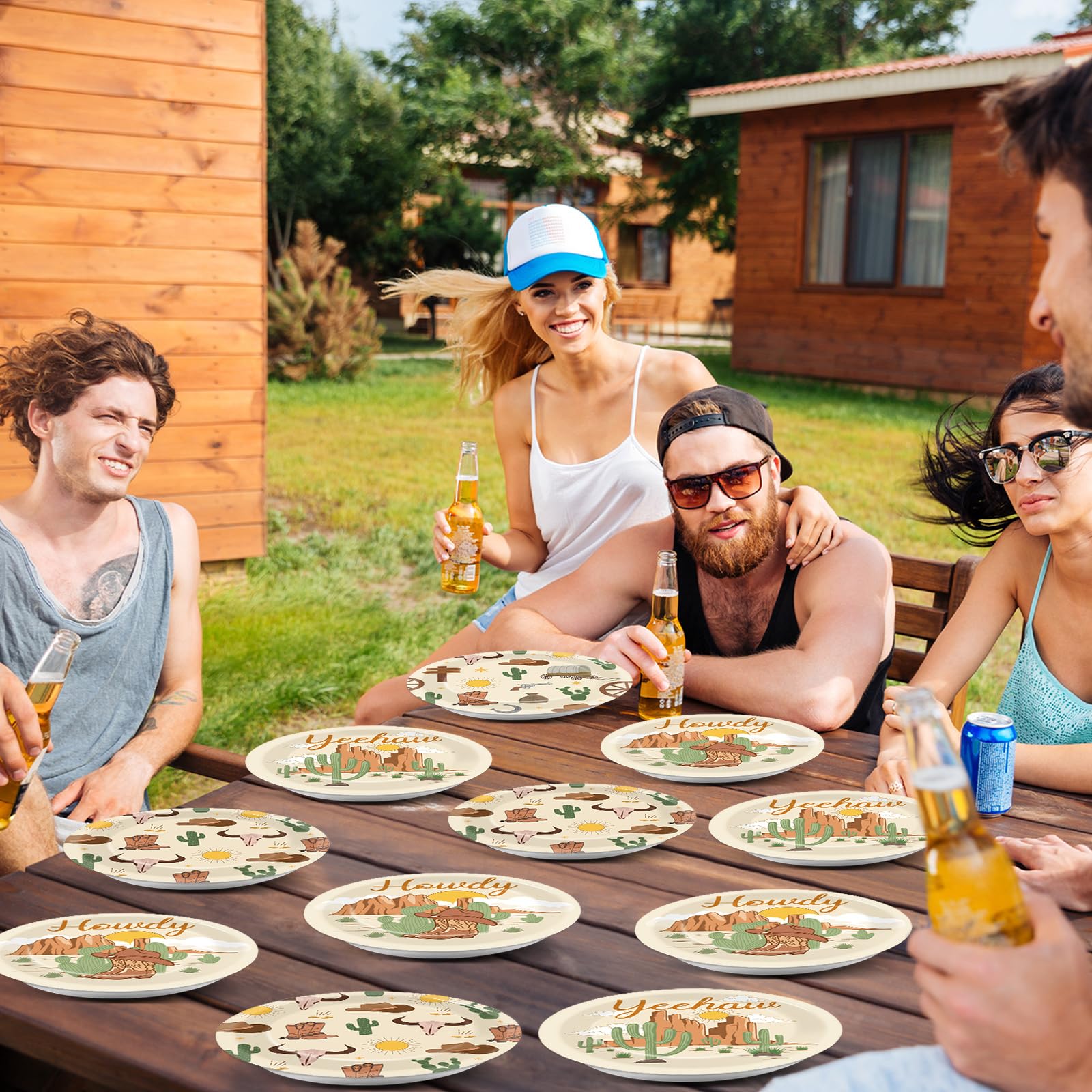 Chunnin 48Pcs Western Cowboy Rodeo Party Paper Plates For Wild West Theme Party Supplies 7'' Howdy Cowgirl Yeehaw Birthday Party