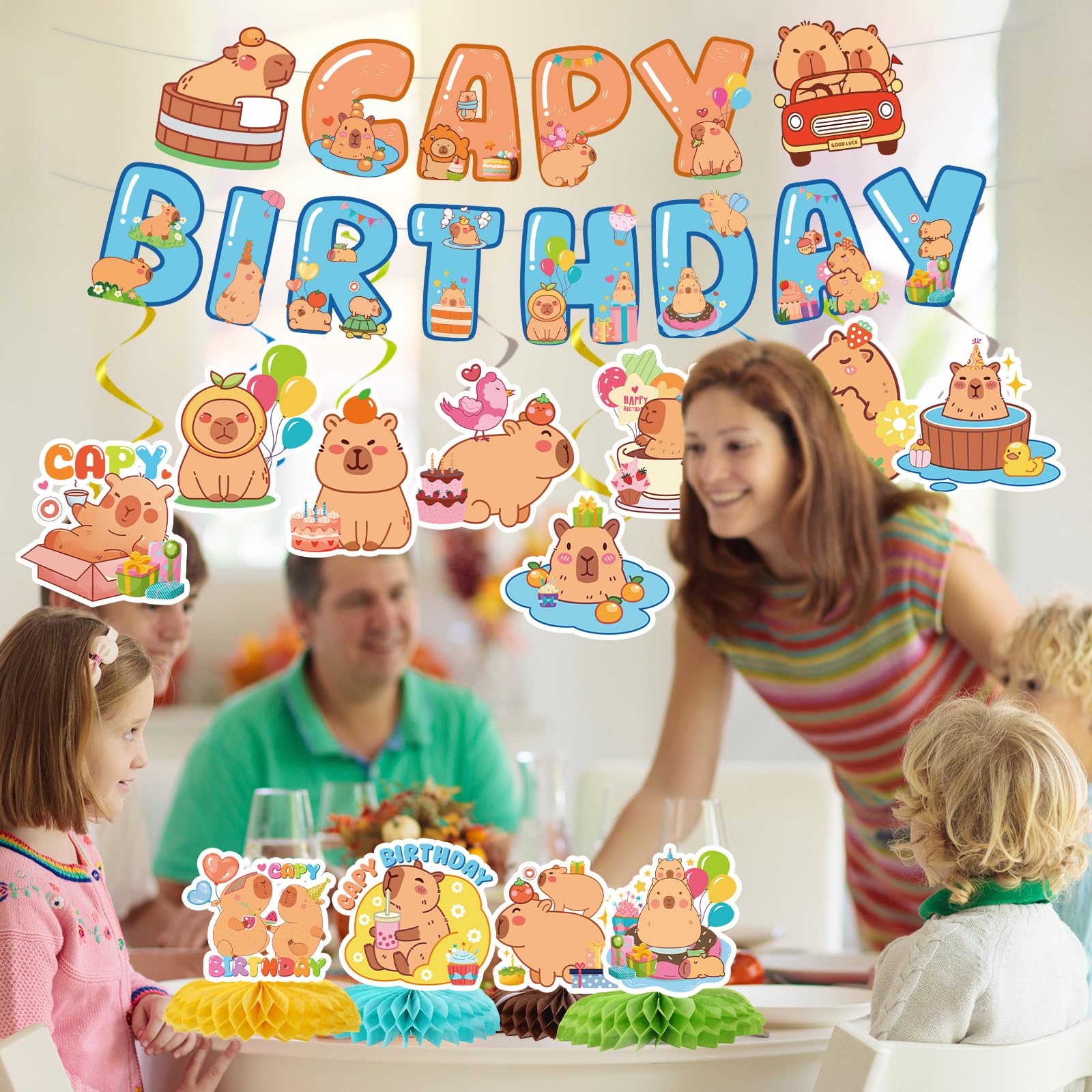 Lovarywow Capybara Birthday Party Decorations - 14PCS Capybara Banners with Hanging Swirls Bday Decoration Cute Capy Animals Hon