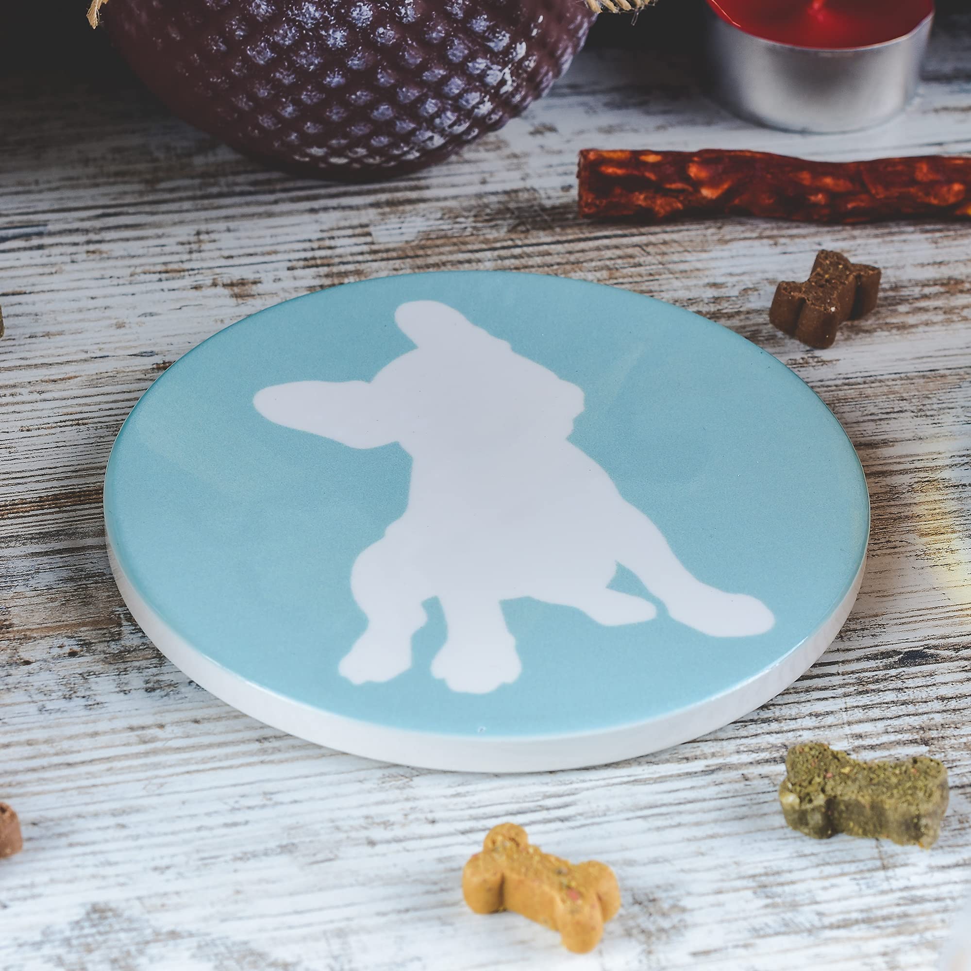 Greenline Goods French Bulldog Lovers Ceramic Drink Coasters - Set of 4 Frenchie Dog Coasters with Protective Cork Bottom and Metal Stand - French Bulldog Decor for French Bulldog Moms & Dads