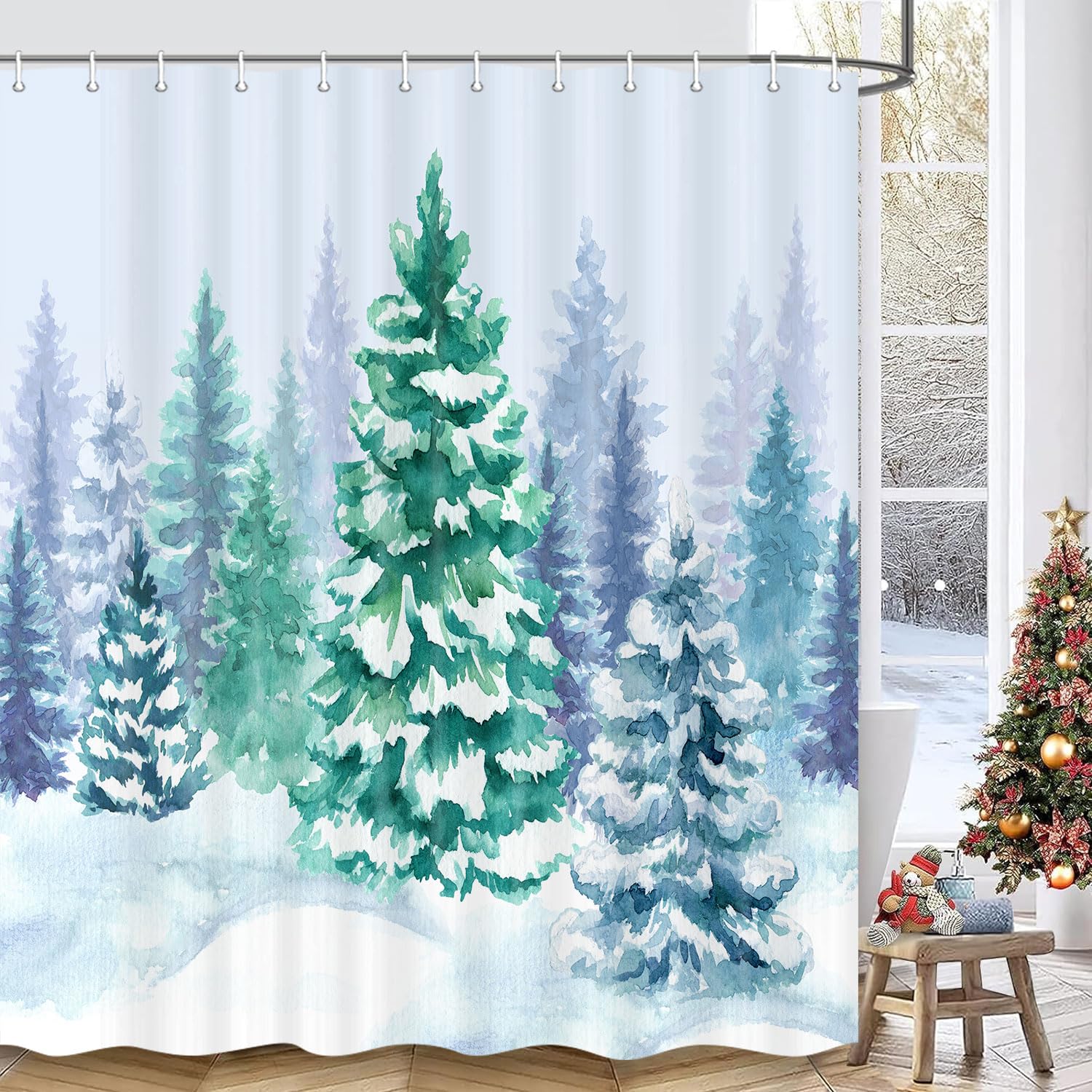 Wathon Rustic Snow Forest Shower Curtain, Snowy Teal Green Countryside Landscape Bathroom Curtain Christmas Pine Tree, Winter Na