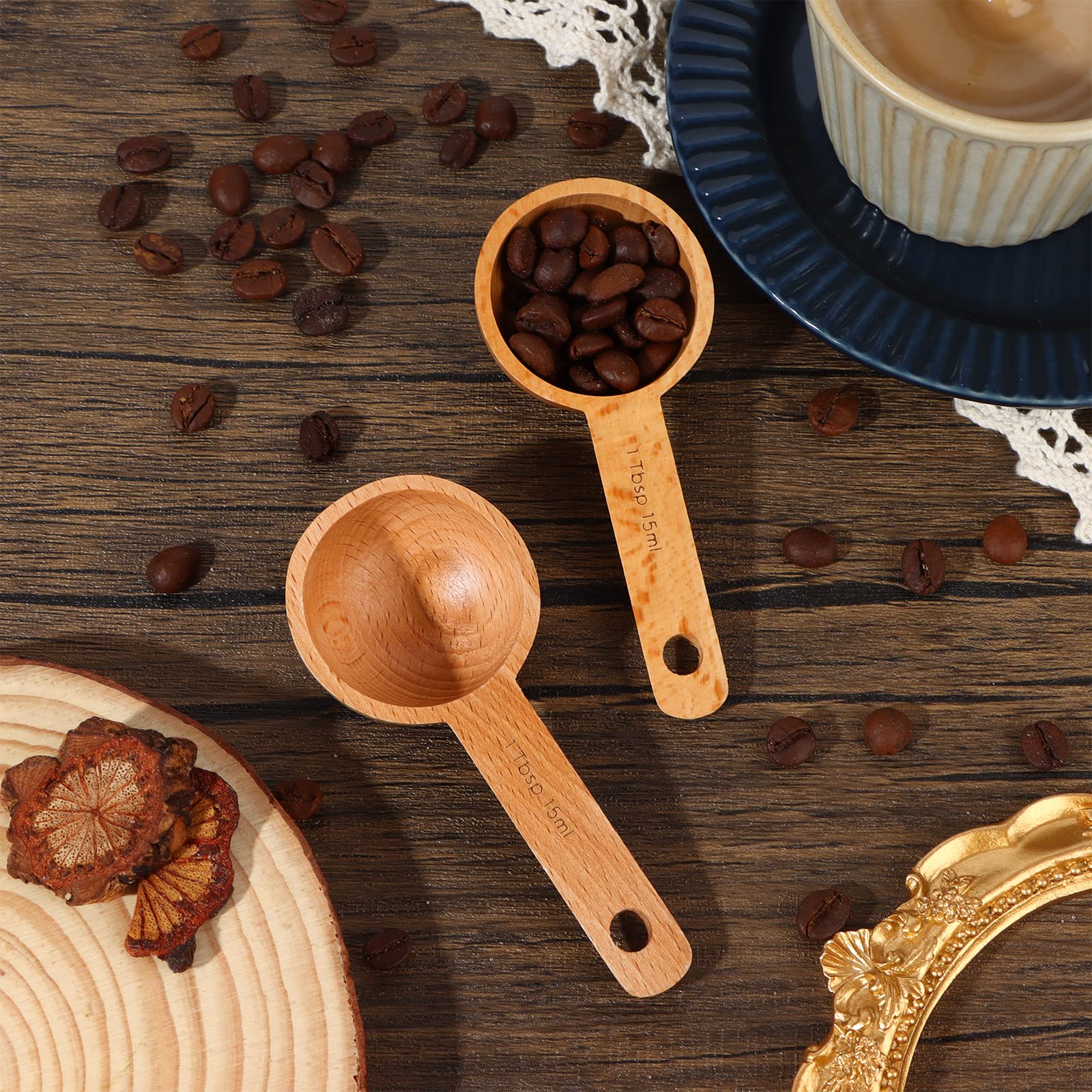 6 Pieces Wooden Coffee Spoon In Beech Measuring Scoop For Coffee Beans Wood Table Spoon For Whole Beans Ground Beans Or Tea, Hom