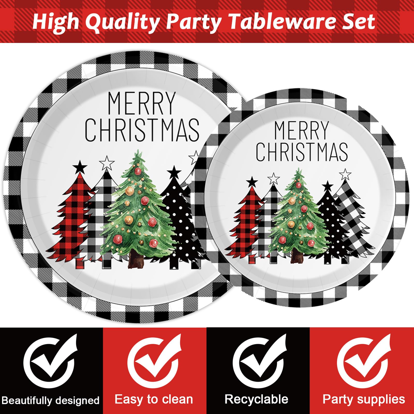 96 Pieces Buffalo Plaid Christmas Tree Tableware Set for Christmas Party Black and White Gingham Buffalo Plaid Decorations Dispo