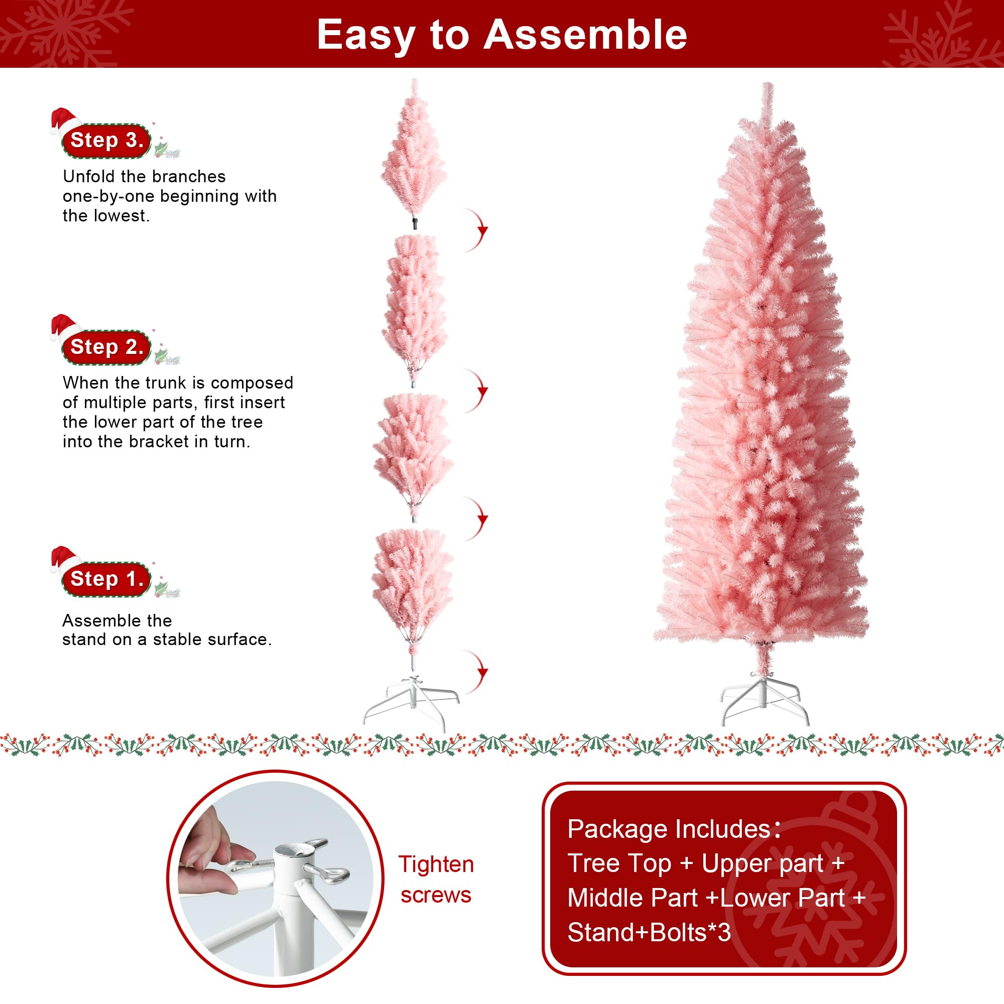 Glitzhome Pencil Tinsel Artificial Christmas Tree, 9ft Pink Christmas Tree with 1860 PVC Branch Tips and Foldable Metal Stand fo