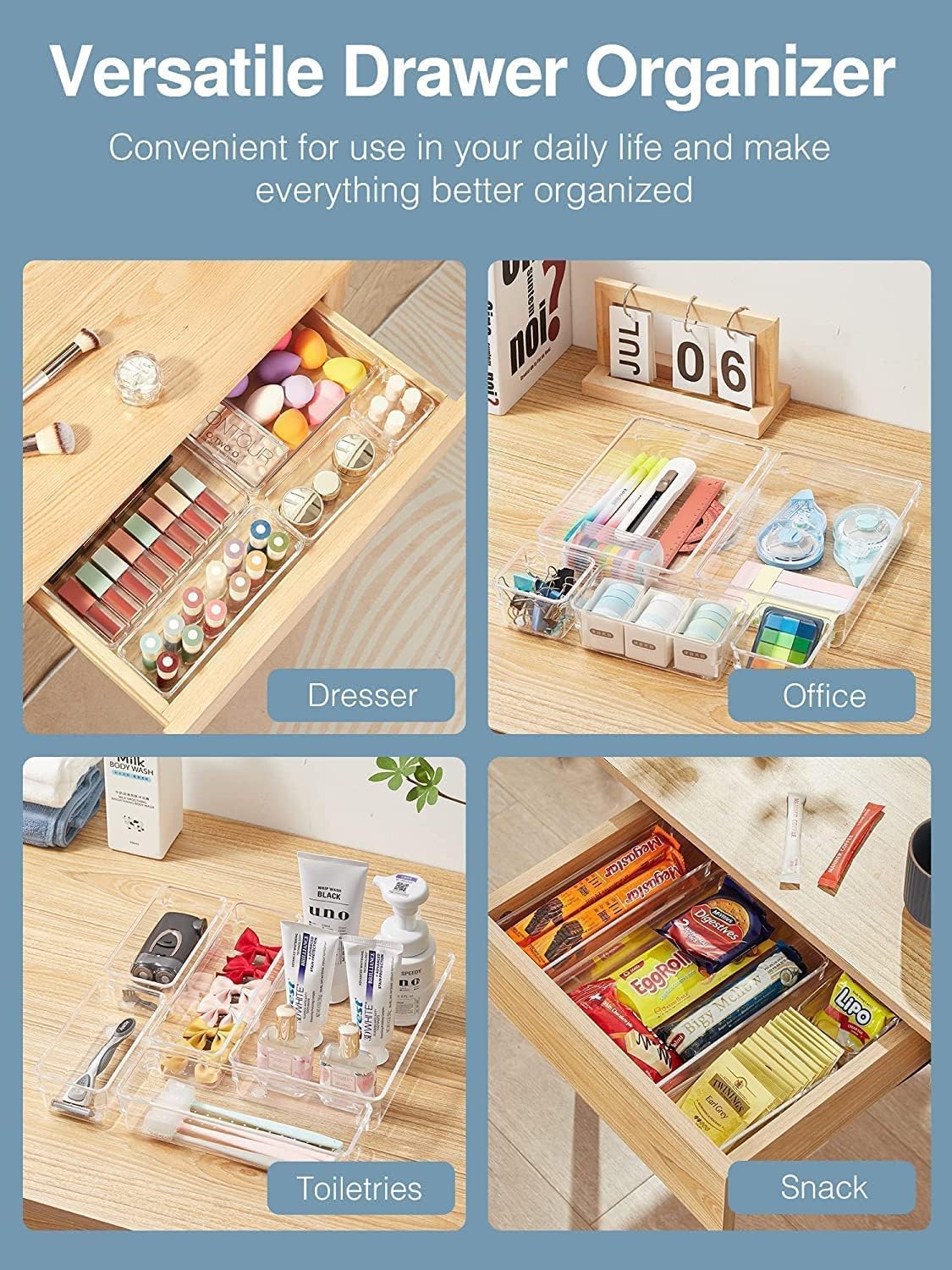 Kepzell Desk Drawer Organizer Bathroom Drawer Tray Dividers Versatile Storage Bins Plastic Vanity Trays Organizers Divider Conta