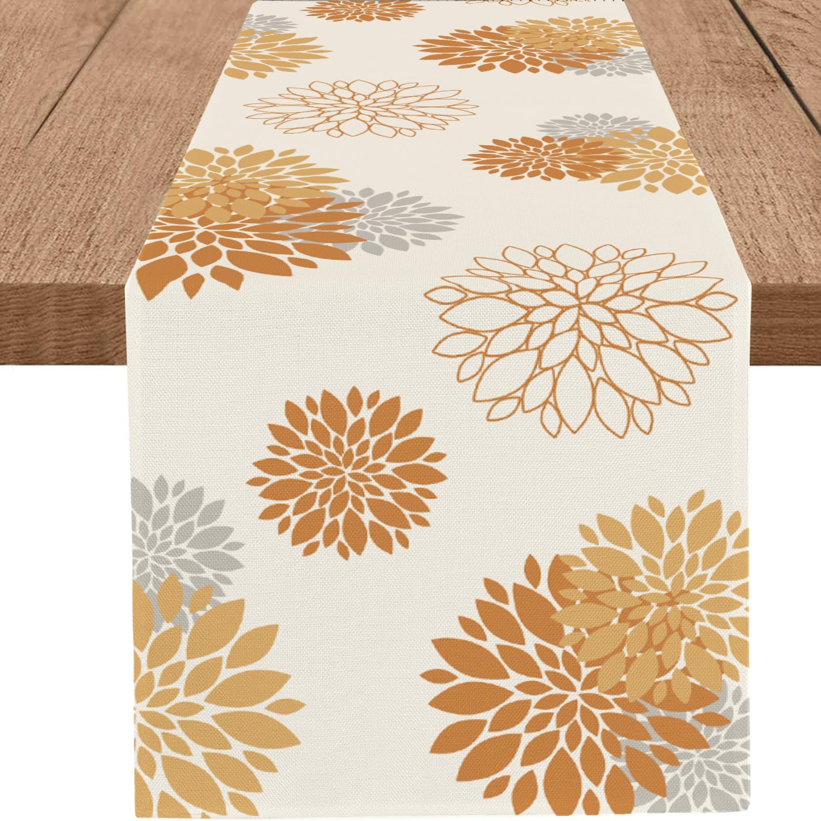 WHOMEAF Fall Table Runner Orange Grey Dahlia Pinnata Floral Table Runners Modern Elegant Farmhouse Geometric Coffee Table Center