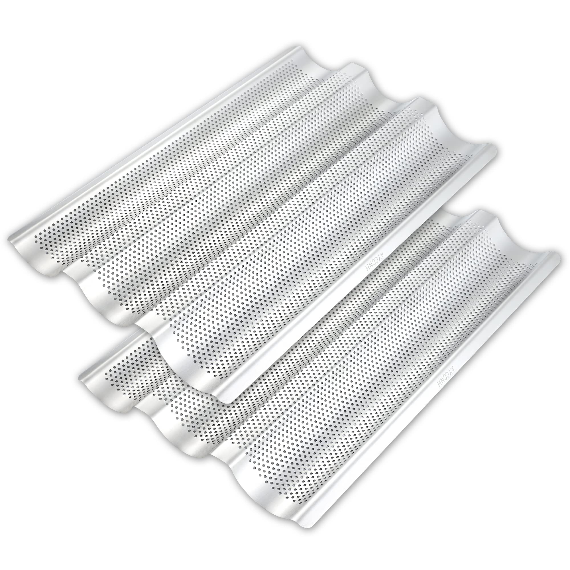 Ayccnh 2 Pack Stainless Steel French Baguette Bread Pan, Perforated Loaf Pans For Baking 15''X10'', 3 Waves Toaster Oven Baking
