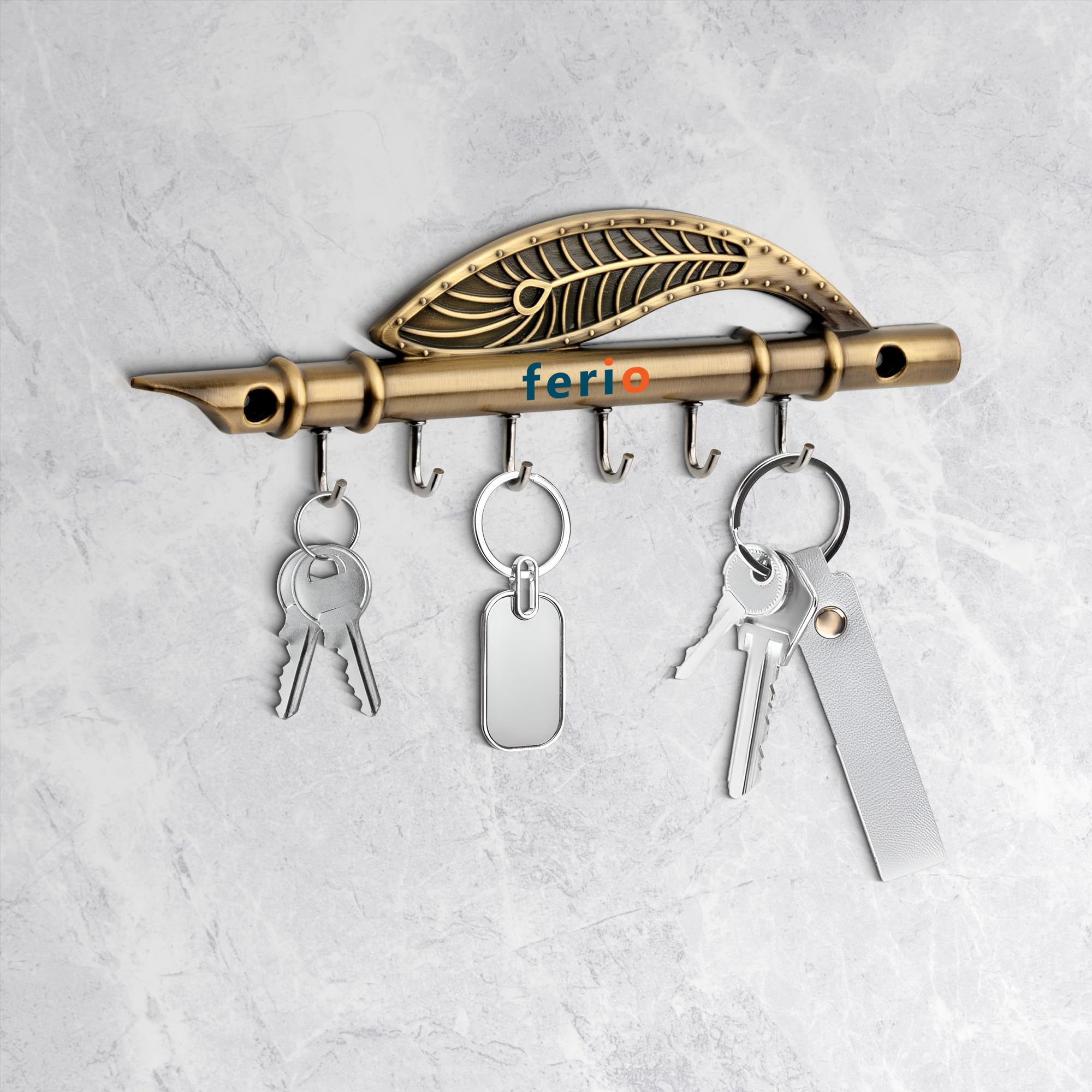 FERIO Key Holder for Home Decor Stylish Antique Brass Finish Key Hangers for Wall Flute Design Keys Holder Stand Peacock Quills 