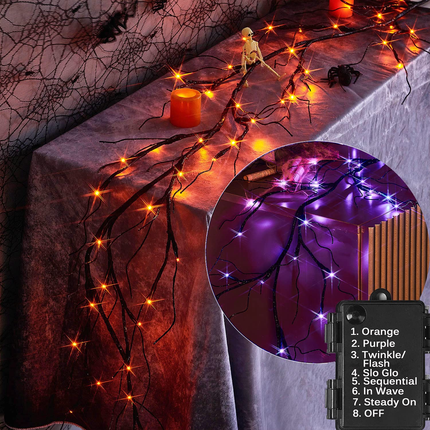 LITBLOOM Lighted Black Glittered Garland with 48 Orange and Purple Bi-Color Lights, Halloween Garland with Lights 8 Functions 6F