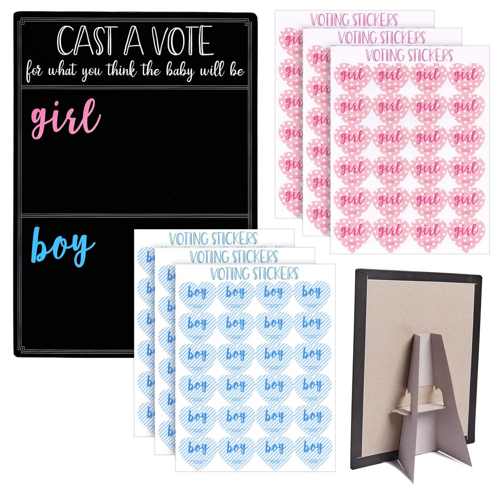 Juvale Gender Reveal Decorations for Baby Shower Games with 144 Girl or Boy Voting Stickers and Cast Your Vote Sign with Stand (