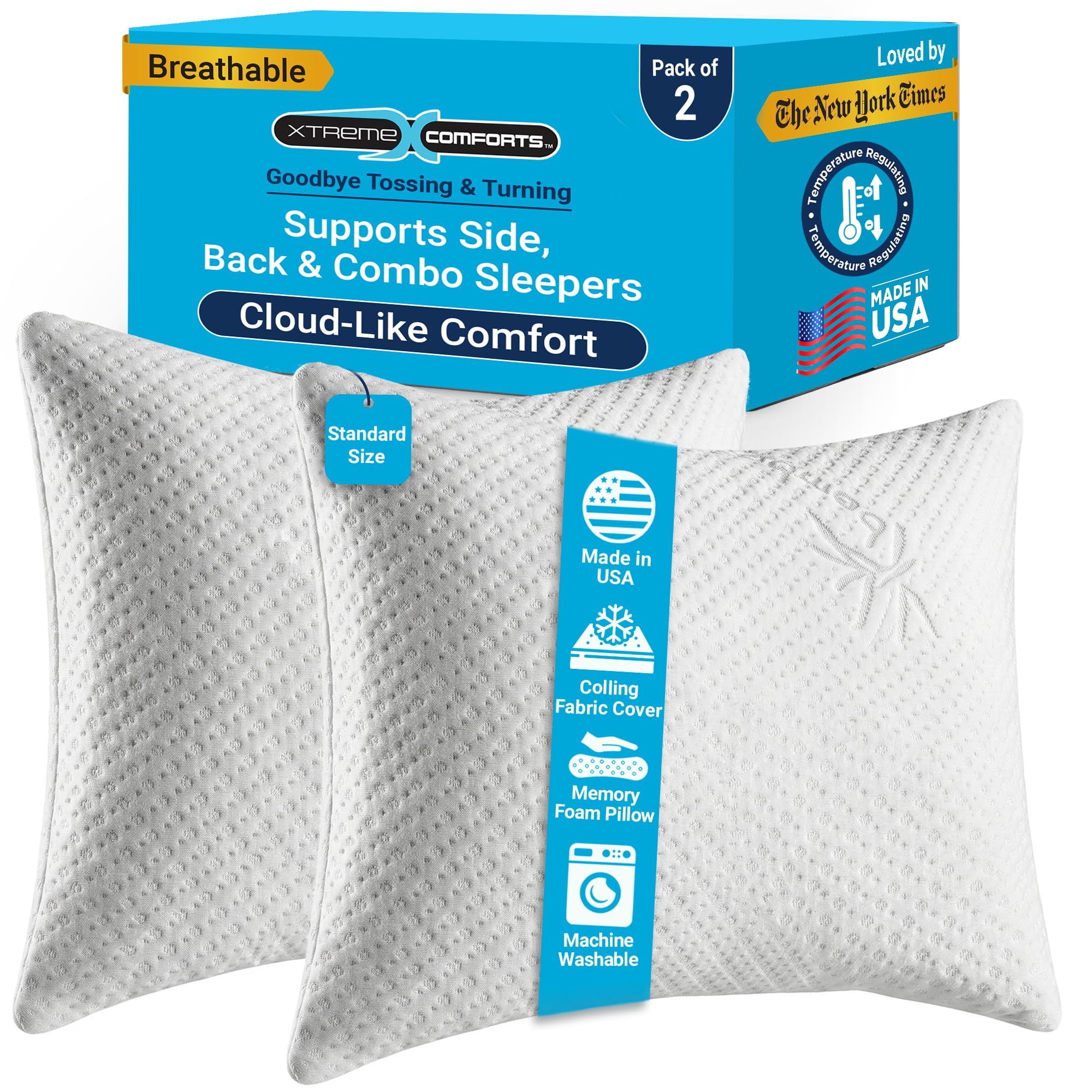 Xtreme Comforts Memory Foam Pillows Made In The Usa - Standard Size, Slim Cooling Pillow For Sleeping On Side, Back & Stomach - 
