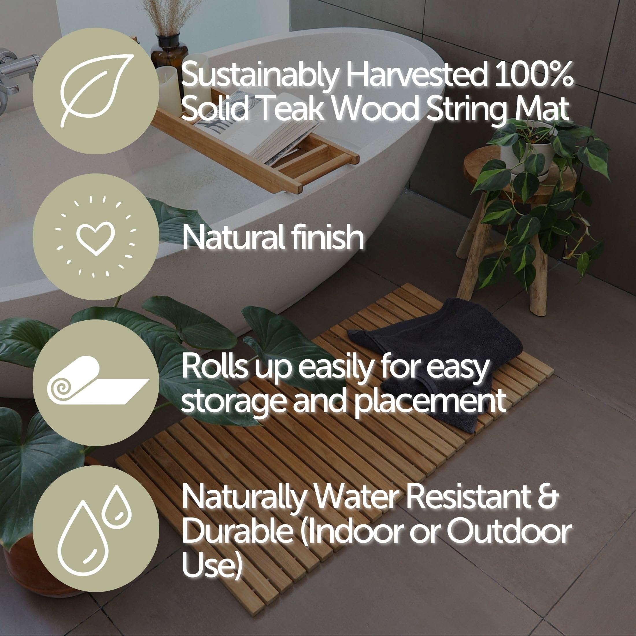 Nordic Style Teak Shower And Bath String Mat - Indoor And Outdoor Use - Non-Slip Wooden Platform For Sauna, Pool, Hot Tub Floori