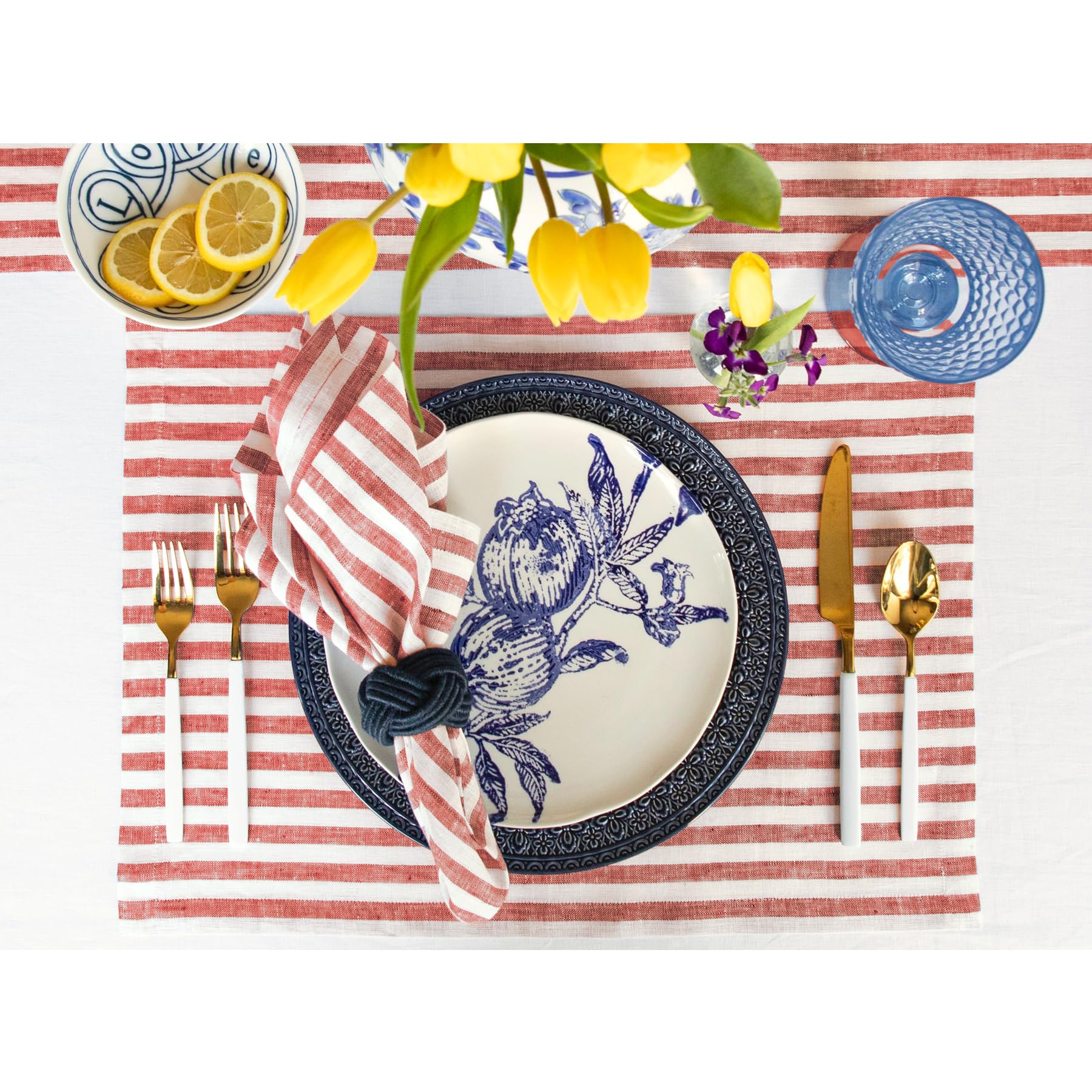 Solino Home Stripe Linen Dinner Napkins 20 X 20 Inch - 100% Pure Linen Red And White Cloth Napkins Set Of 4 - Amalfi Stripe, Han