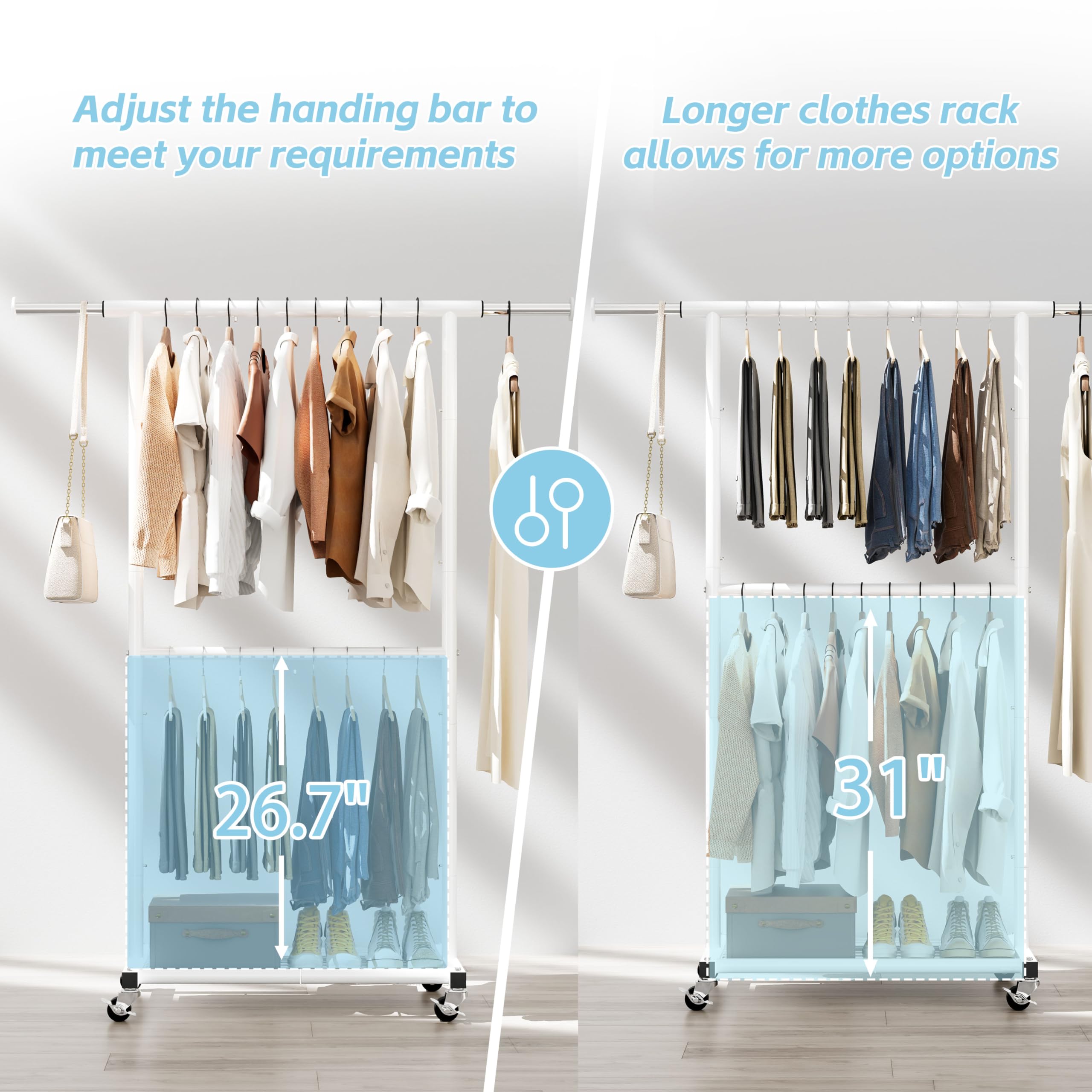 Mwq Double Rod Clothes Garment Rack On Wheels, 50In Long Rolling Clothing Storage Organizer With Adjustable Rod And Shelf, White