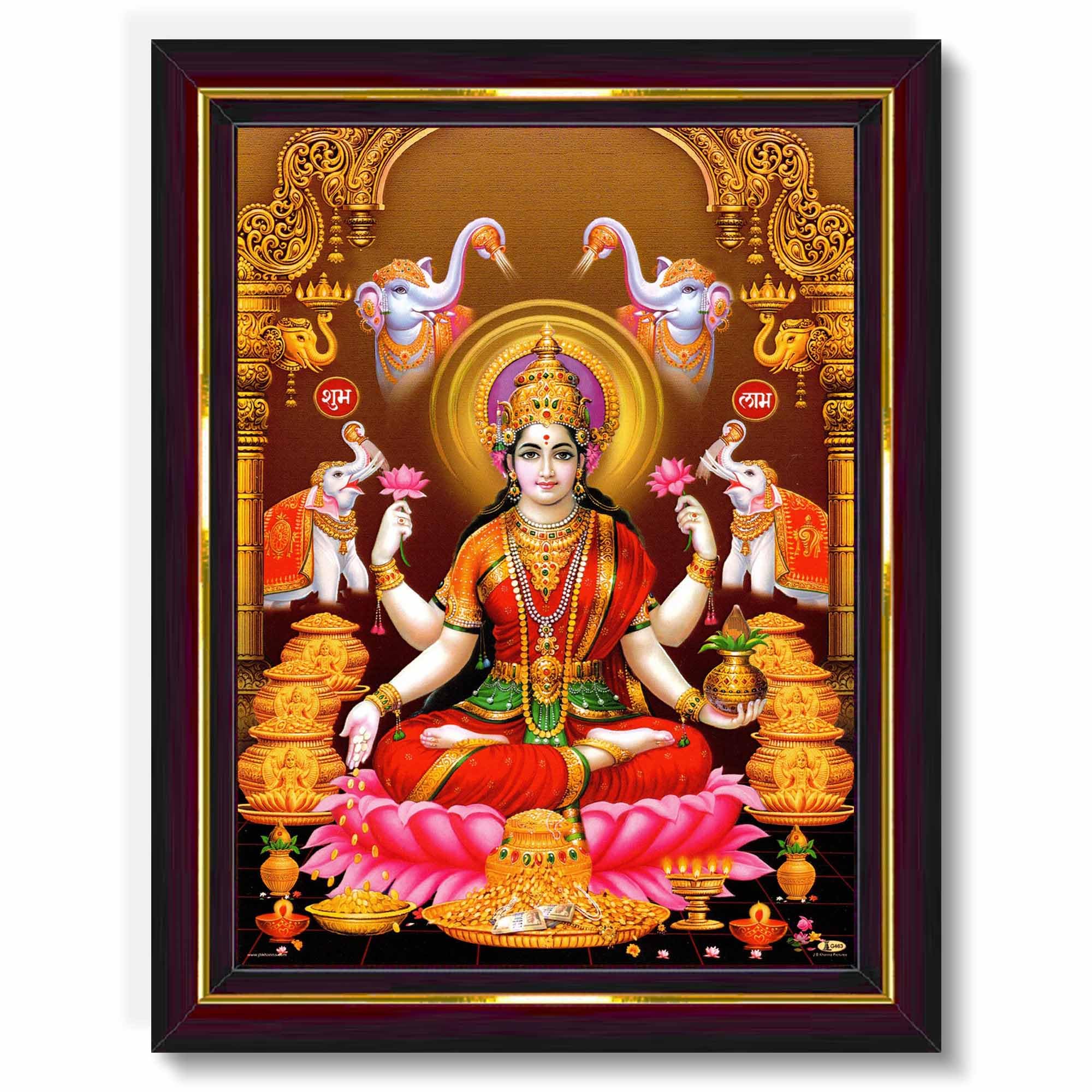 Pavan Photo Laminations Goddess Lakshmi Devi Dhana Vaibhav Laxmi Maa Wall Painting Framed Home Decor (Wood,Matte,Brown,Small Siz