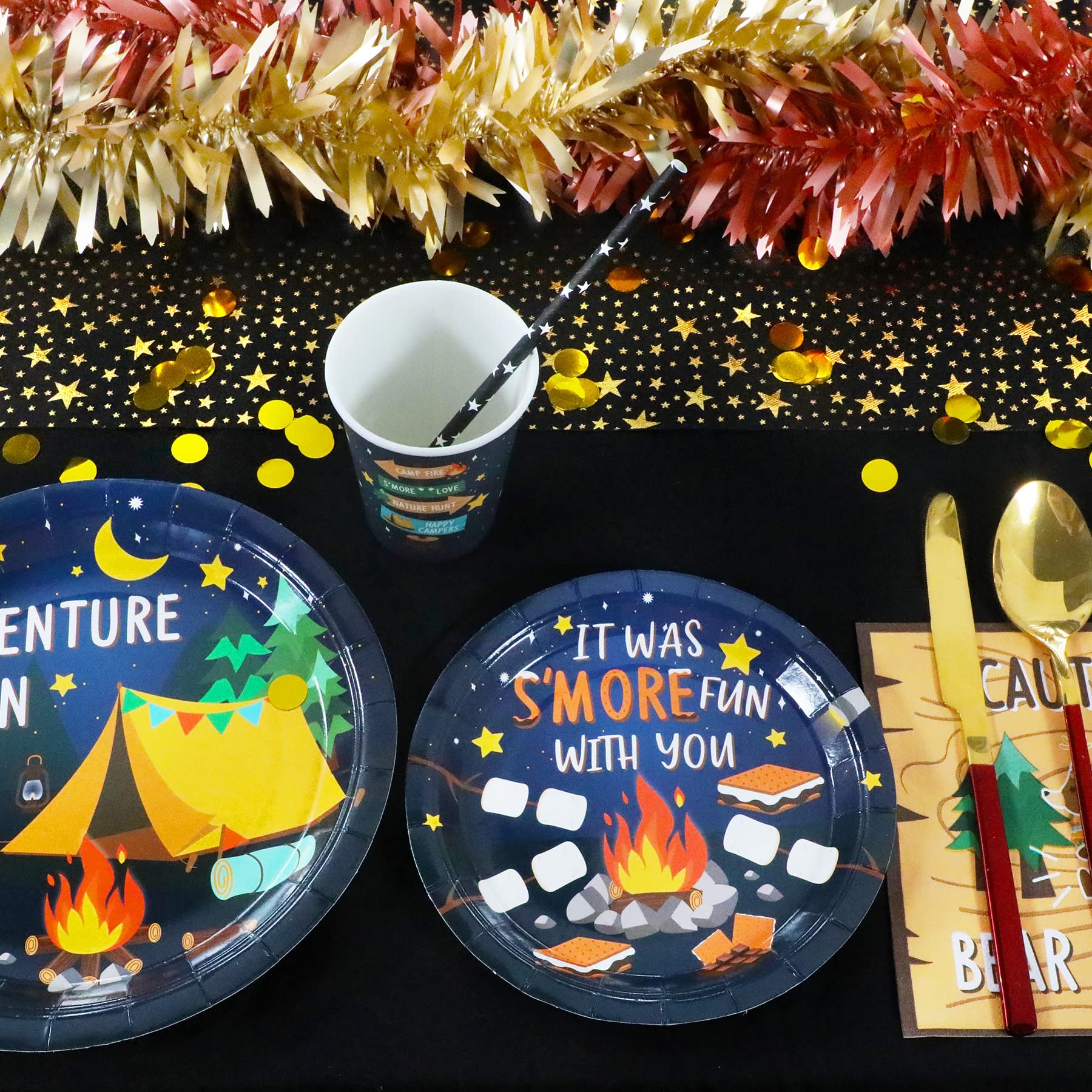 Camping Party Supplies Decorations, Campfire Hiking Camper Theme Birthday Paper Plates And Napkins Set With Cups And Straws For