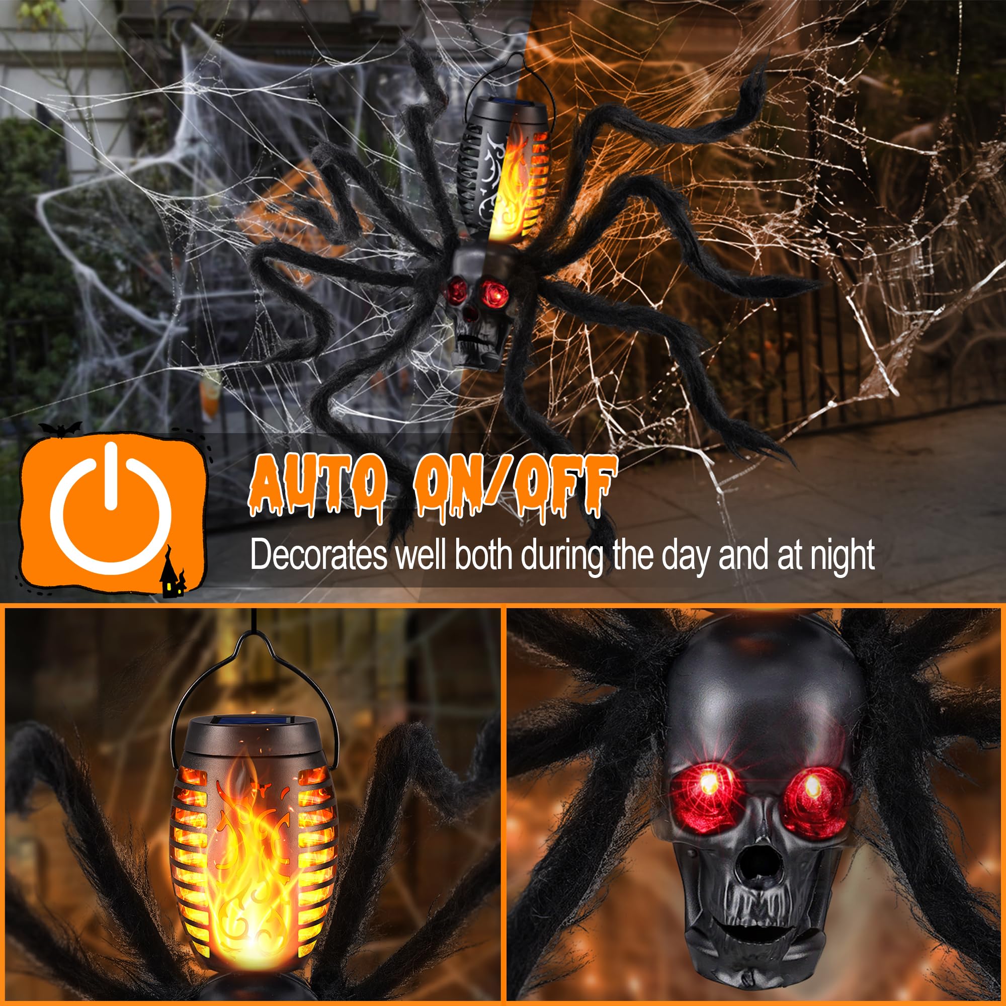 Halloween Skull Flame Light with 8 Spider Tentacles - Solar Powered Outdoor Lighting Decoration for Halloween Parties, Gardens,