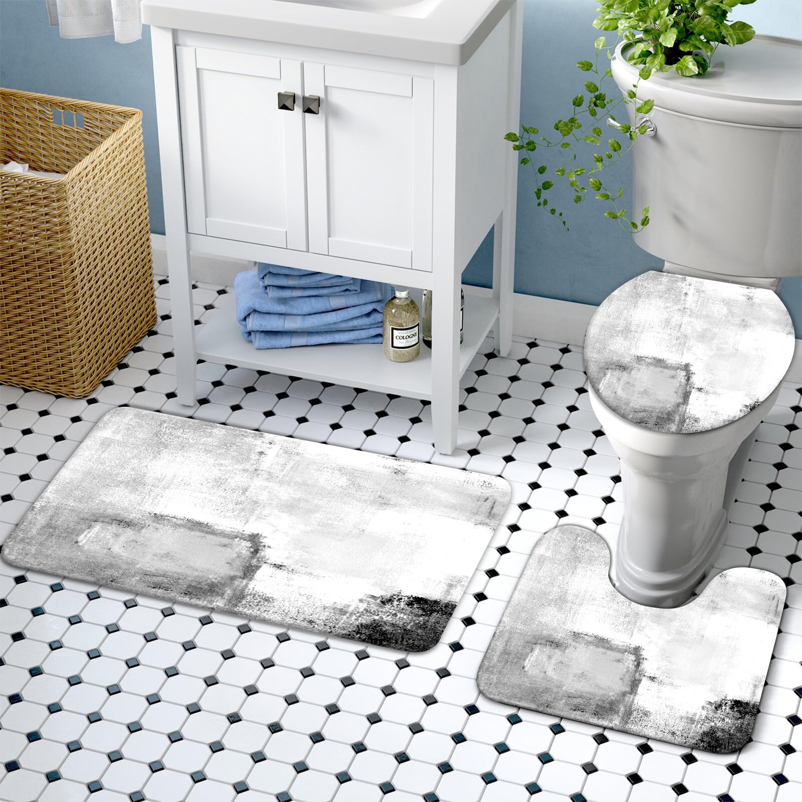 Lnond 4Pcs Bathroom Shower Curtain Sets With Rugs,White Black Painting Art Bathroom Sets With Shower Curtain And Rugs And Access