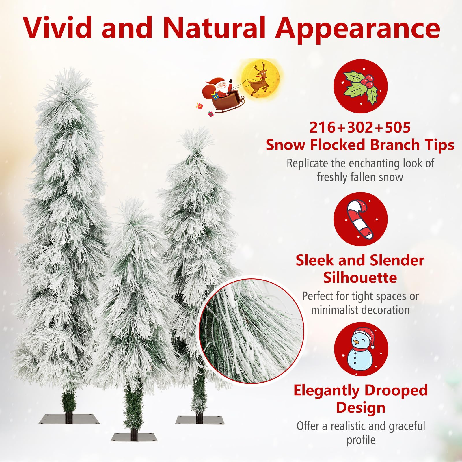 Goplus 3 4 5 Pre-Lit Snow Flocked Christmas Tree Set of 3, Slim Pencil Artificial Xmas Trees with 150 Warm White LED Lights,