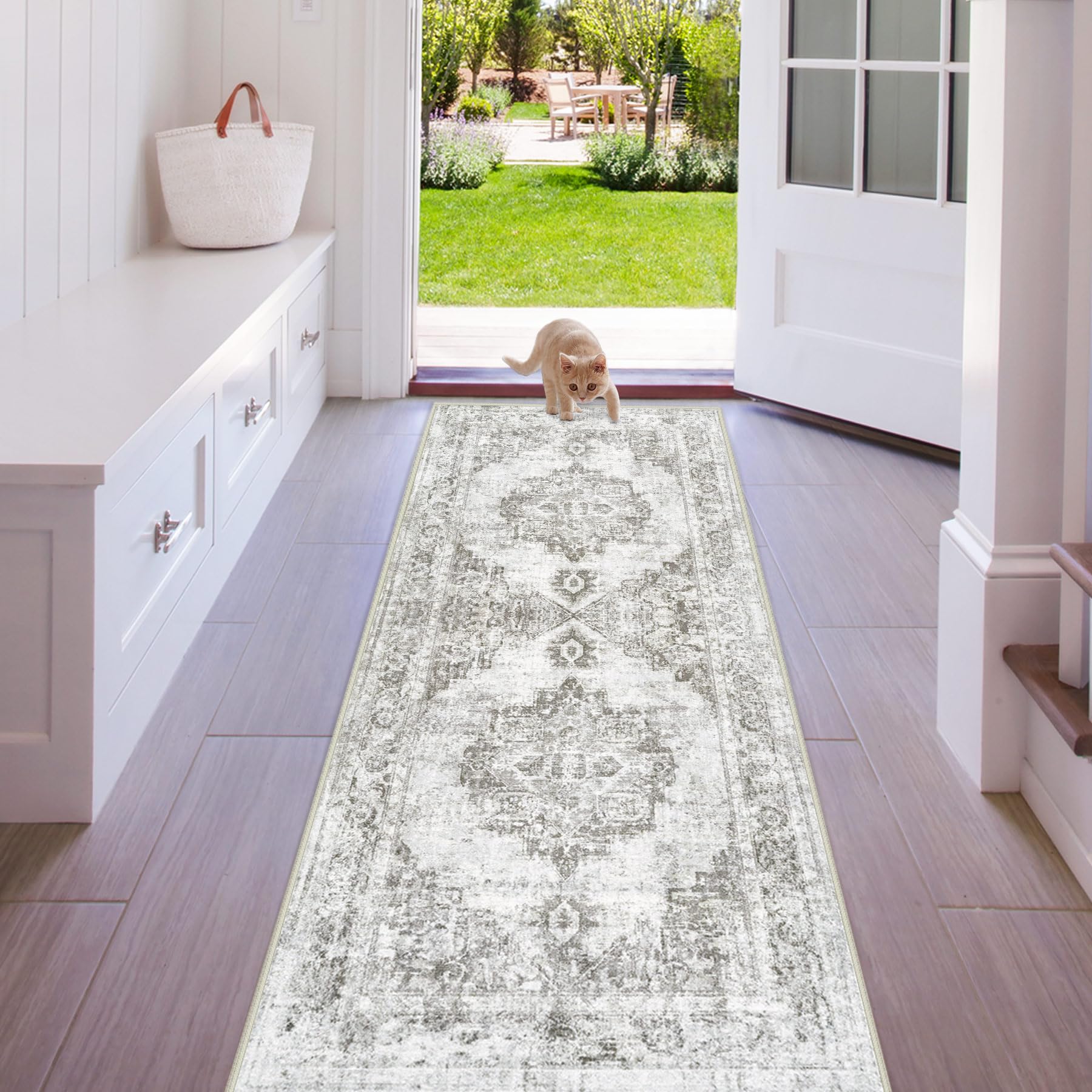 Area Rug 2x6 Runner Rug: Washable Vintage Hallway Rug Indoor Medallion Rug Low Pile Distressed Floor Carpet Retro Accent Rug for
