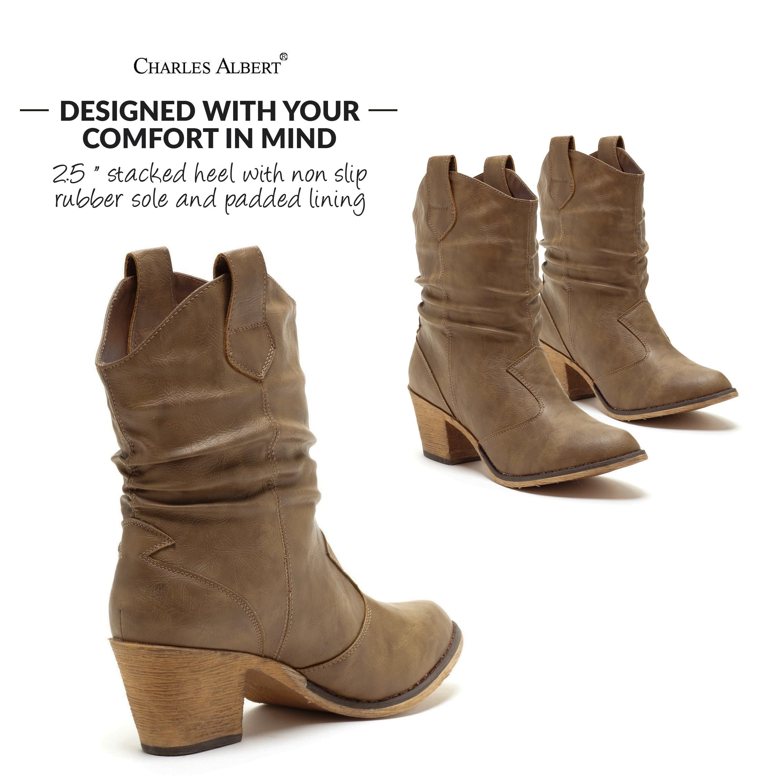 Charles Albert Womens Boot - Modern Western Cowboy Distressed Boot With Pull-Up Tabs (Mocha, 10)