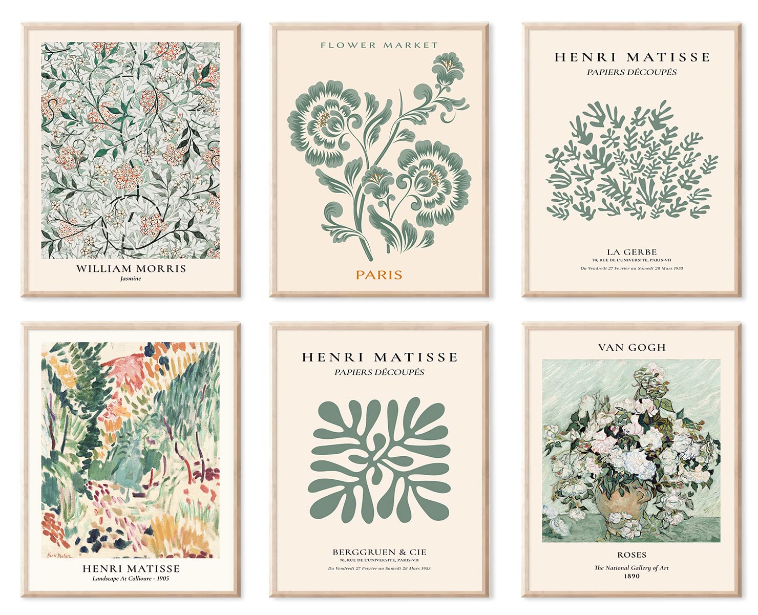 Sage Green Wall Art Decor, Abstract Matisse Wall Art Exhibition Posters, Minimalist Flower Market Wall Art Prints, Green Canvas