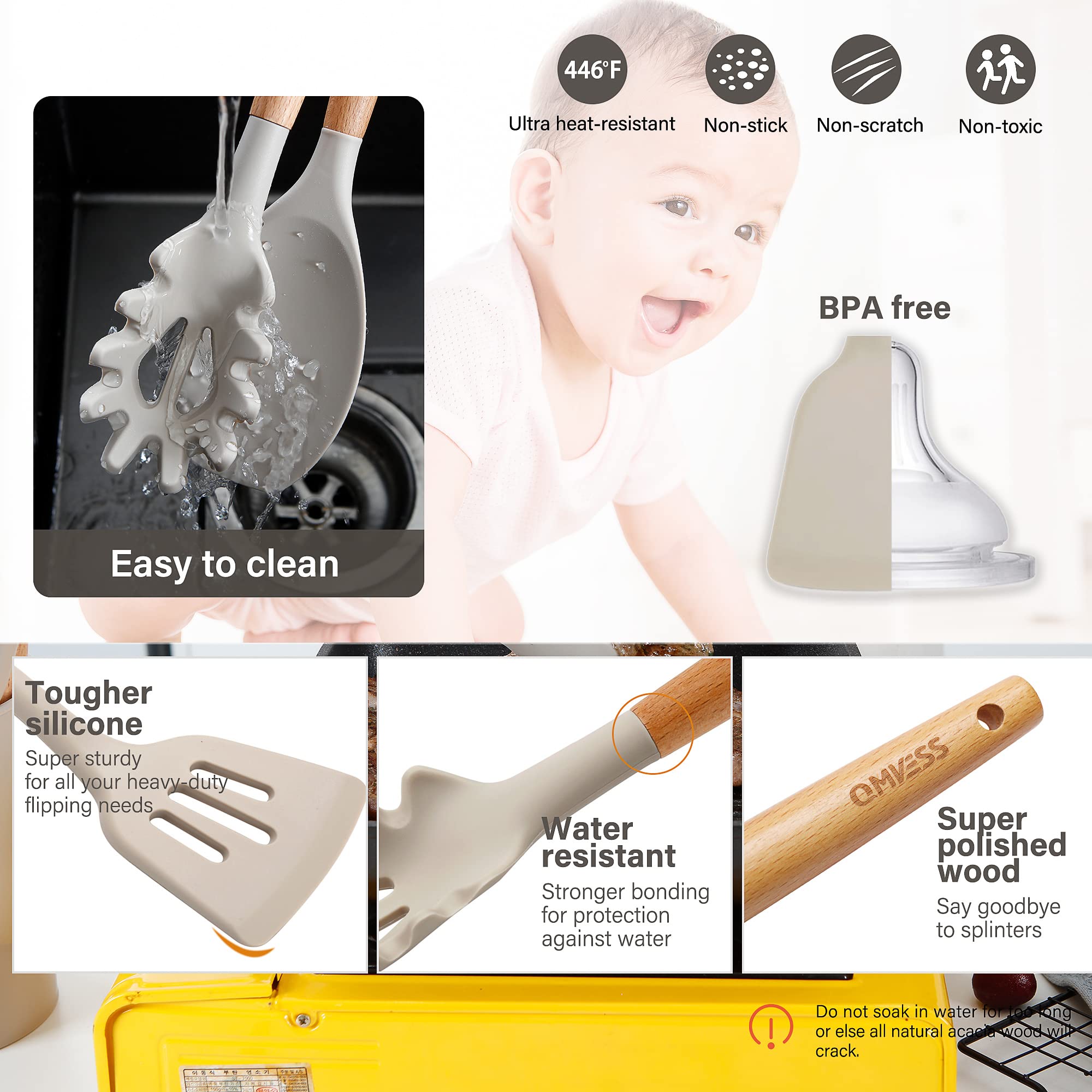 Kitchen Utensils Set Qmvess 35 Pcs Non-Stick Silicone Cooking Utensils Set With Holder Sturdy Insulation Wooden Handle Heat Resi