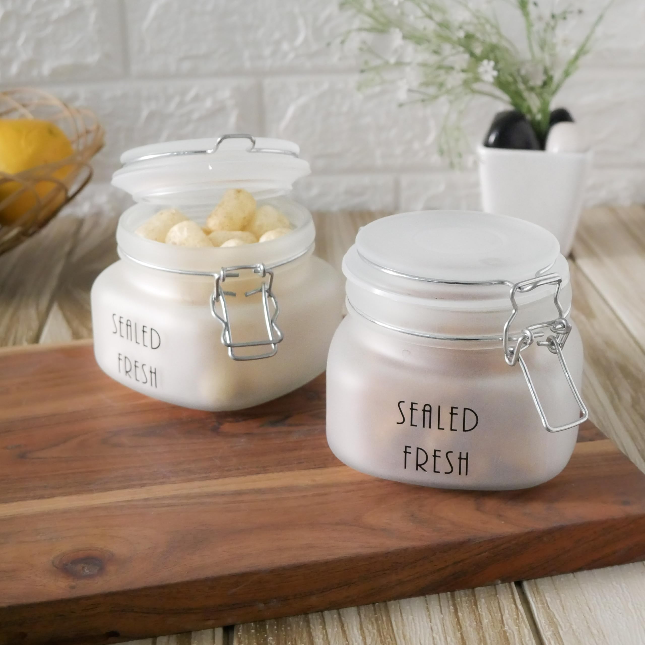 Femora Frost Square Glass Jars For Kitchen| Kitchen Storage Jar | Stainless Steel Airtight Lids | 1 Year Warranty| Airtight| Jar