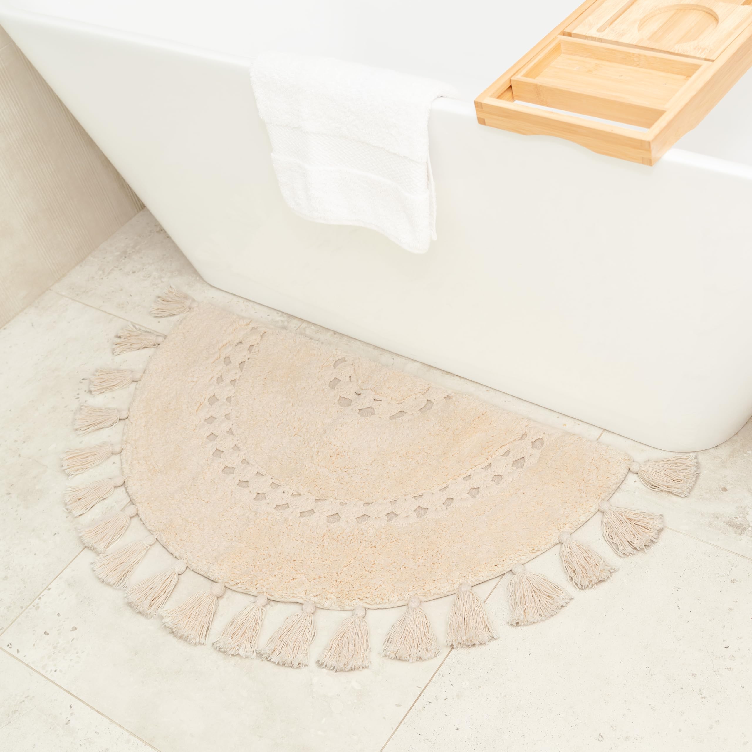 Boho Bathroom Rugs - Half Circle Cotton Mat with Crochet Insert and Tassels - Non-Slip Bohemian Rug for Bath, Bedroom or Entrywa