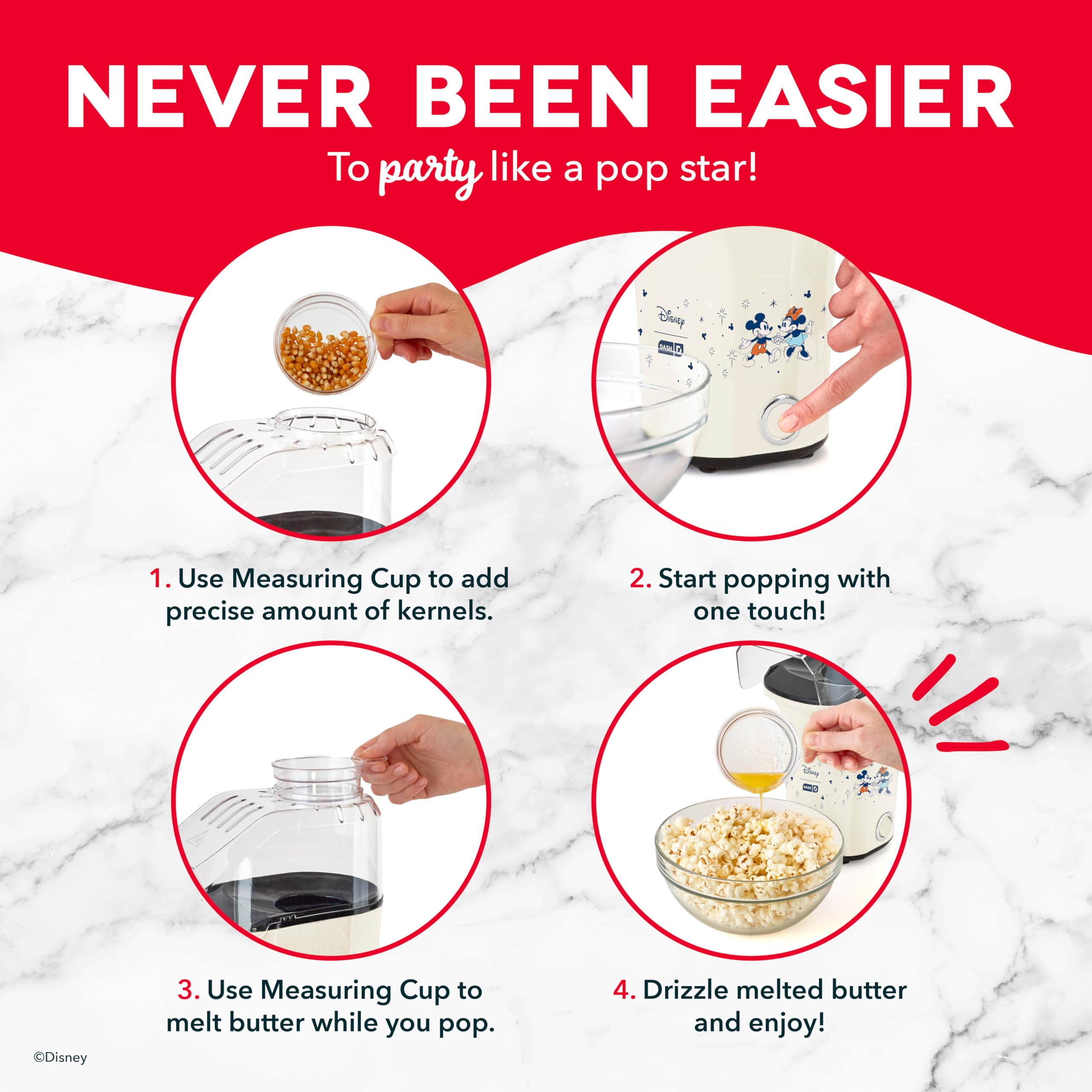 Disney Dash Fresh Pop Popcorn Maker - Oil-Free, Air Popcorn Popper - With Measuring Cup & Recipe Guide - Perfect for Movie Night