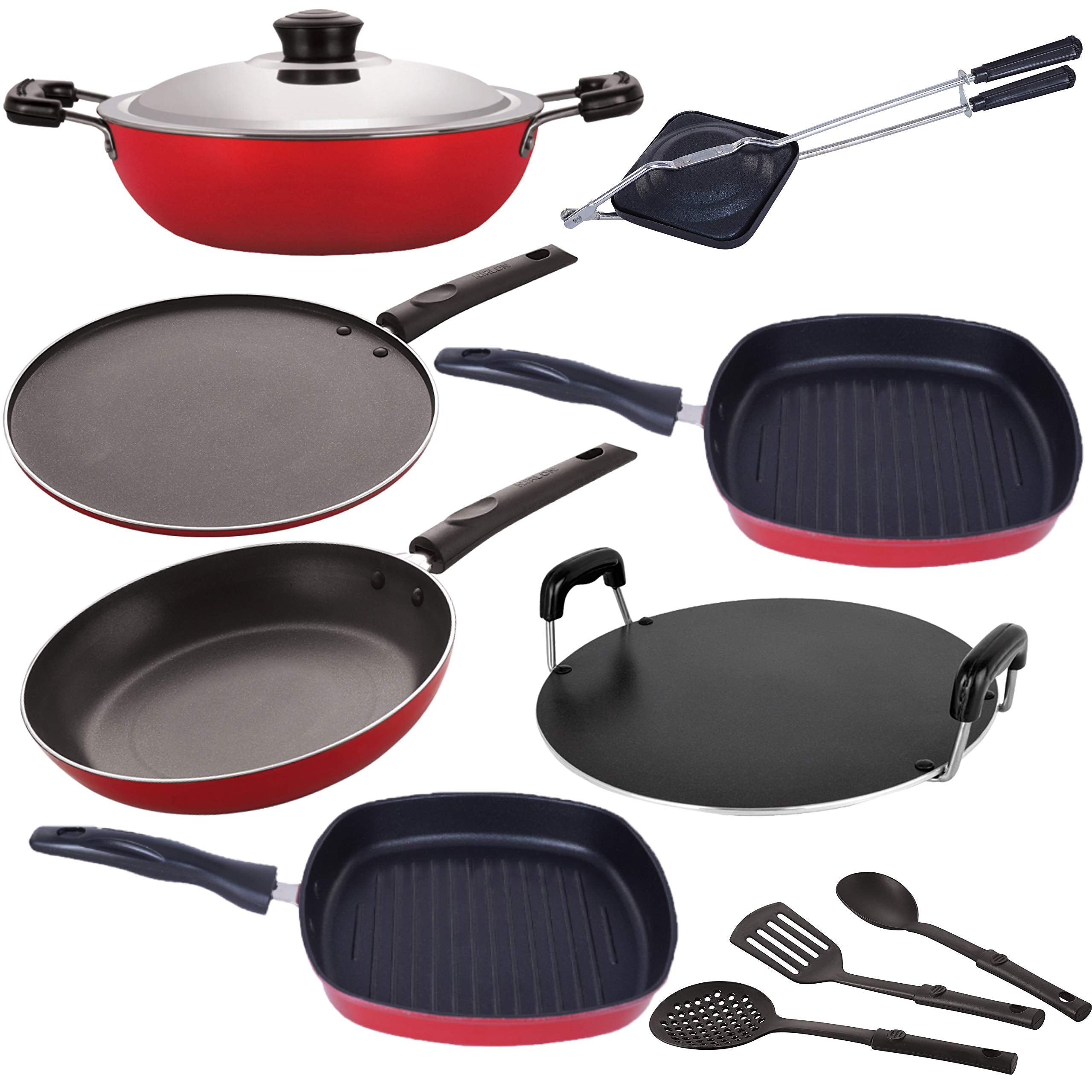Nirlon Gas Compatible Non Stick Aluminium Cookware Set Of10 Pieces, (2.6Mm_Dkd(J)_Tp_Gp24_Gp22.5_Rt_Ht_St12_3Spoon)