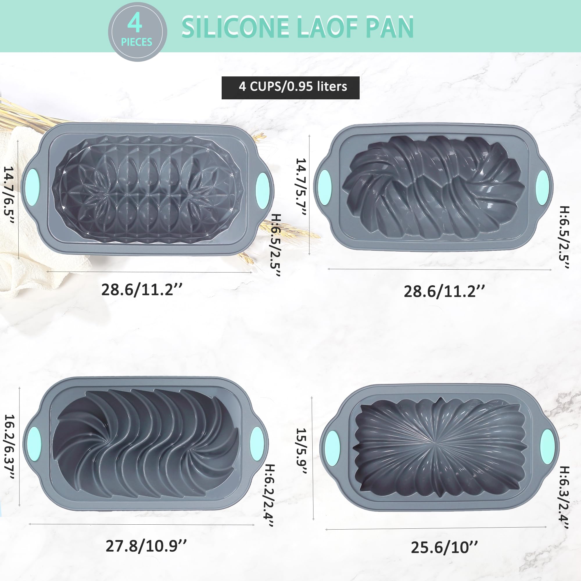 Tongjude 4 Piece Silicone Loaf Pan For Baking Bread, Non-Stick Kitchen Oven Bread Pan, Perfect For Banana Bread, Sandwich Bread,