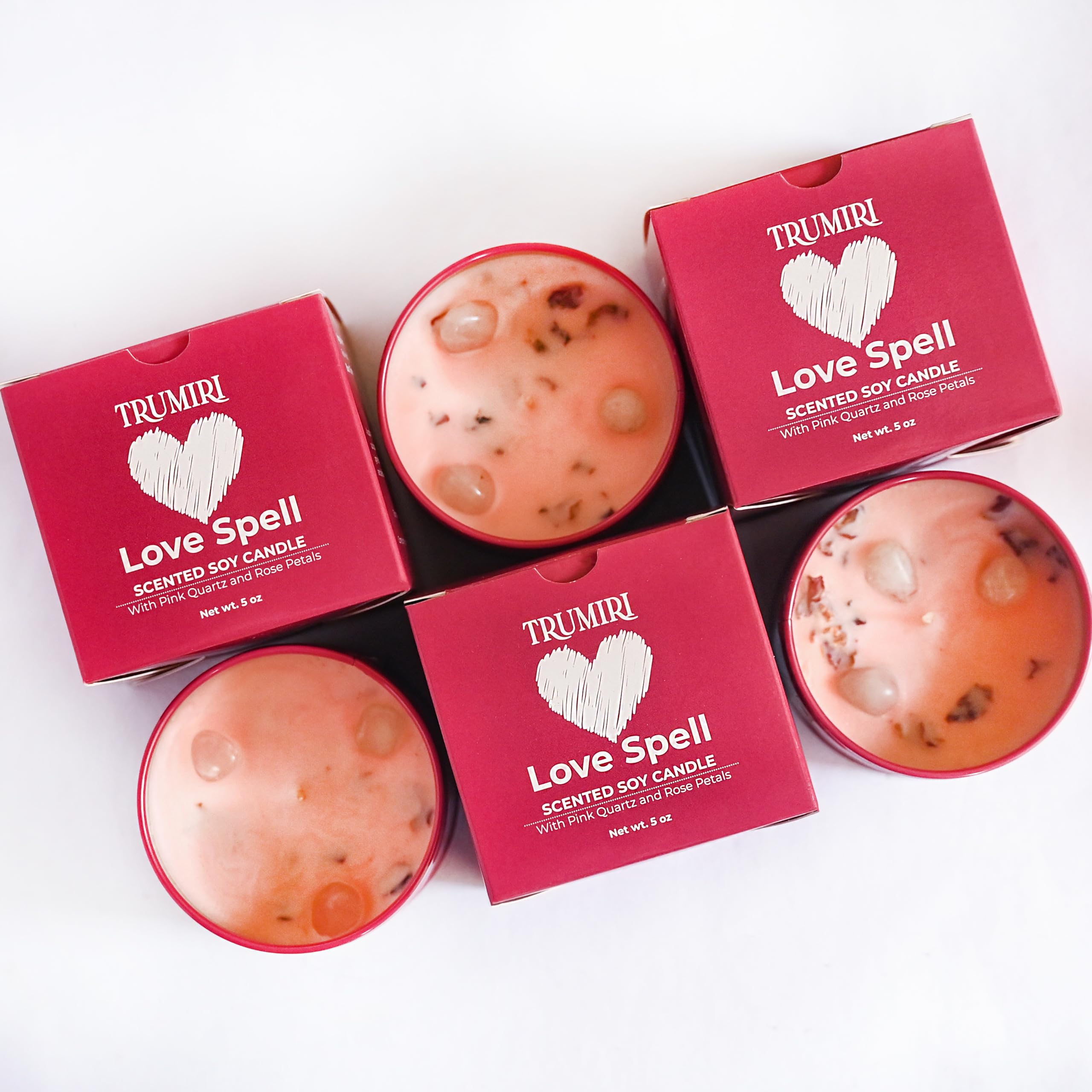 Love Spell - Scented Candles for Women & Men with Rose Petals and Crystals - Pack of 3 x 5oz Soy Clean Organic Non Toxic - Velas
