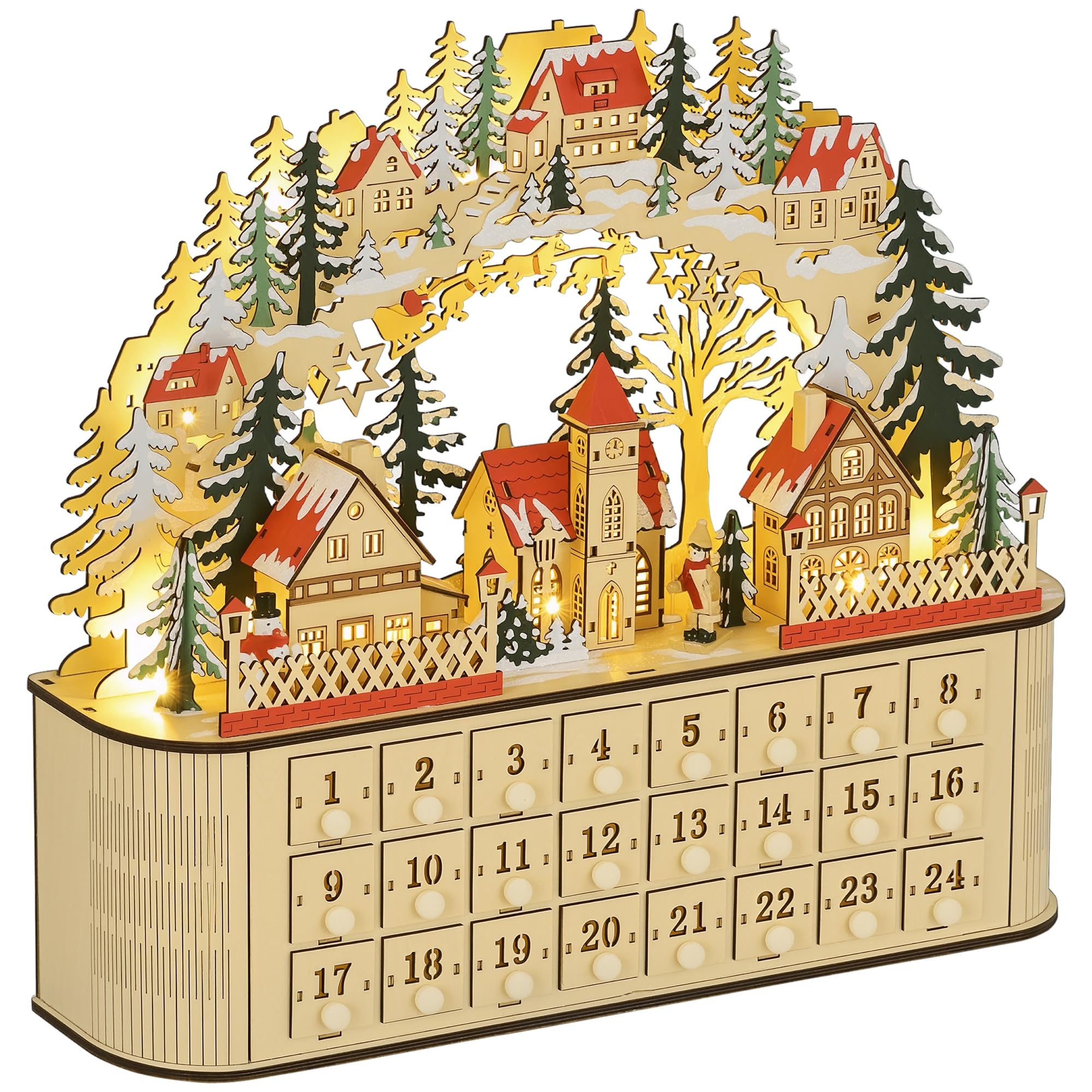 HOMCOM Wooden Christmas Advent Calendar, Light Up Table Holiday Decoration with 24 Countdown Drawers and LED Lights for Kids and