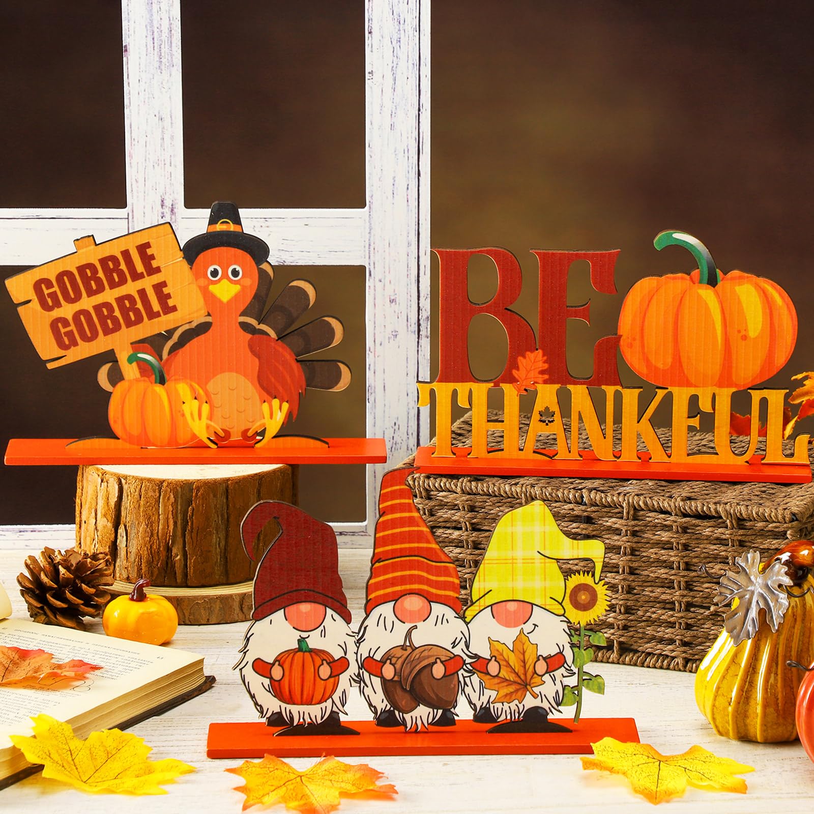 Hoolerry 6 Pcs Thanksgiving Table Decoration Wooden Centerpiece Happy Thanksgiving Table Centerpiece Wood Gobble Turkey Gnomes P