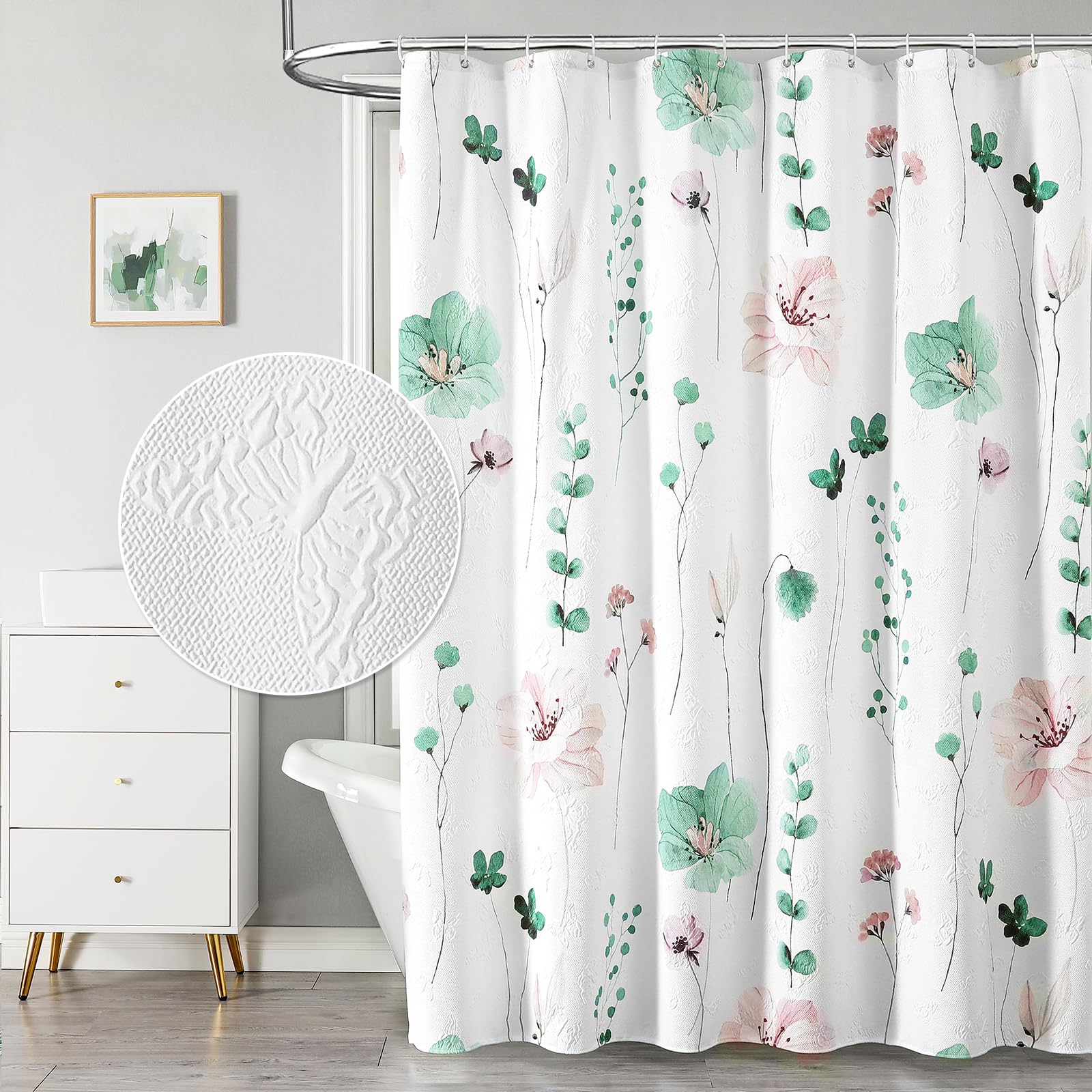 Qiyi Watercolor Floral Shower Curtain, 3D Embossed Butterflies Sage Green Flower Bathroom Curtain, Minimalist White Cloth Bath C