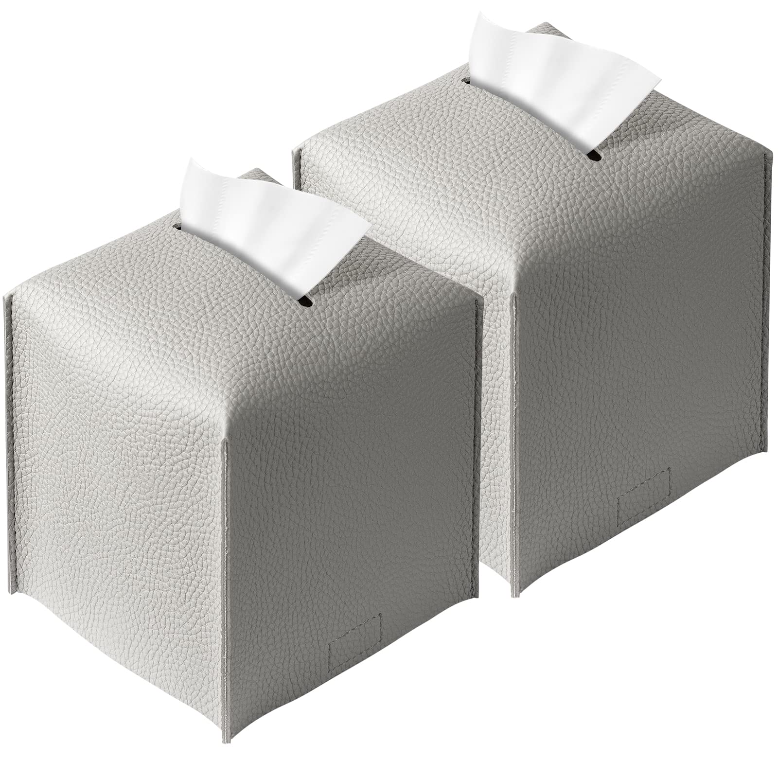 Regeleto 2 Pack Grey Tissue Box Cover, Pu Leather Square Tissue Box Holder With Bottom Belt Modern Style Tissue Box Organizer Fo