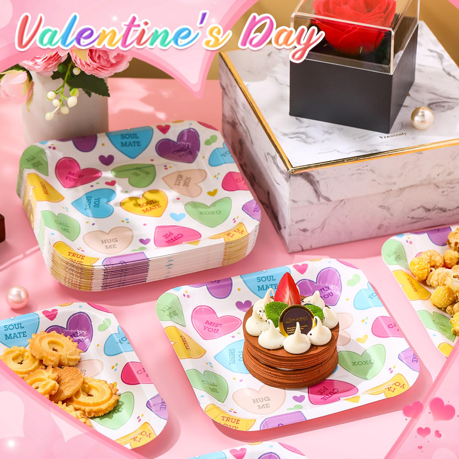 Potchen 100 Pcs Valentine'S Day Dessert Plates Bulk 7 X 7 Inch Conversation Heart Paper Plates Disposable Heart Square Paper Pla