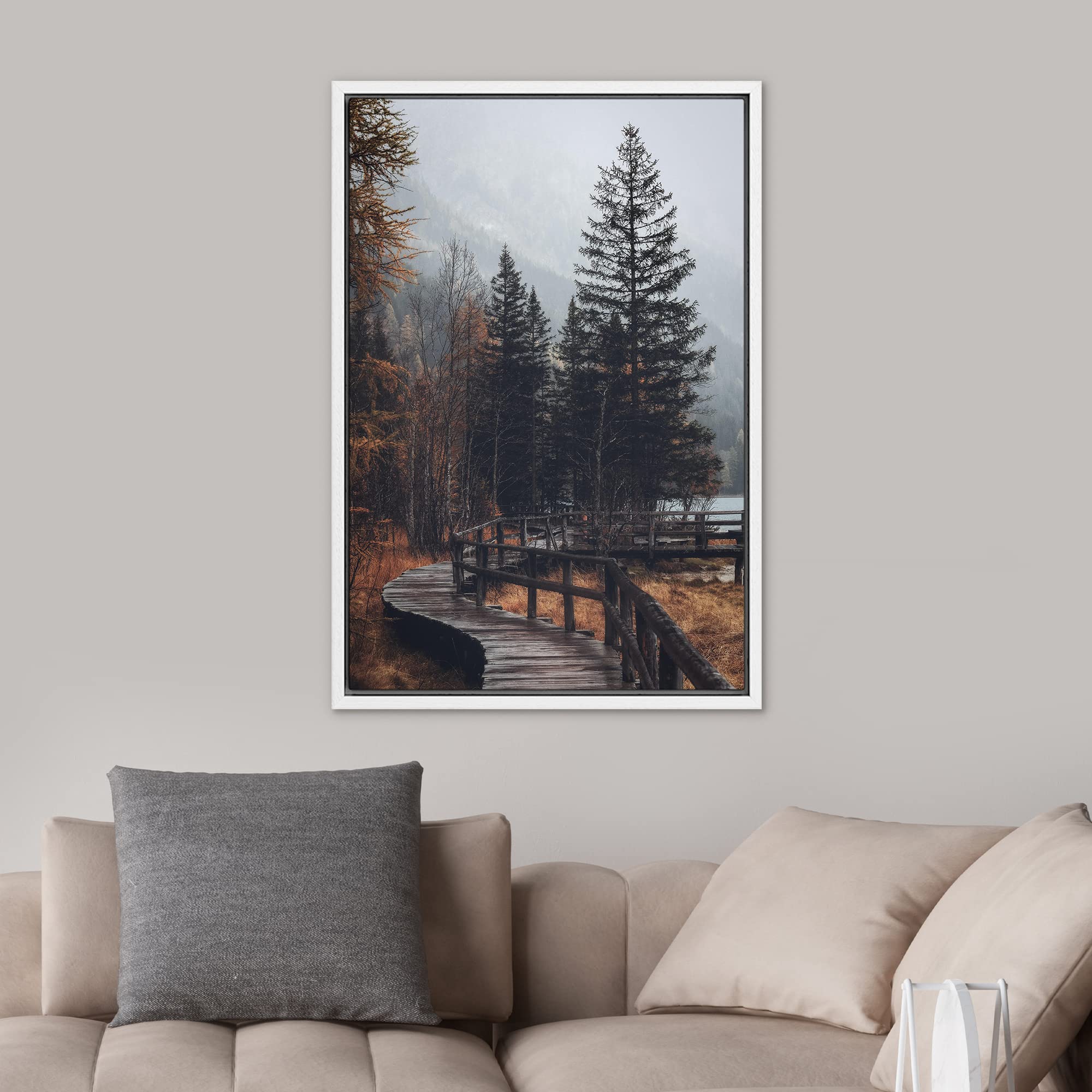 Signwin Framed Canvas Wall Art Autumn Dramatic Forest Landscape Living Room Orange Photography Rustic - 16''X24'' White