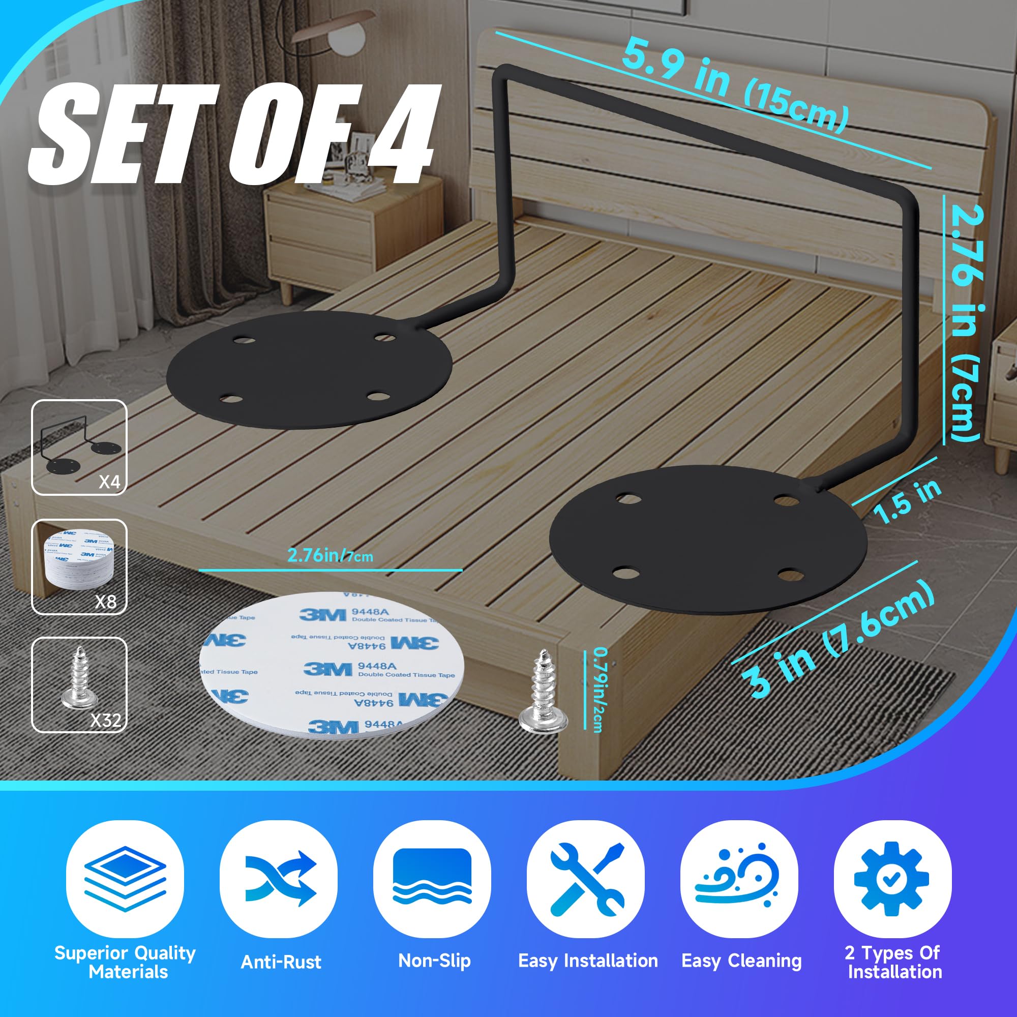 Laowu Mattress Retainer Bar, Non-Slip Metal Gaskets, 4 Pcs, Black, Prevents Sliding for Adjustable Bed Frame