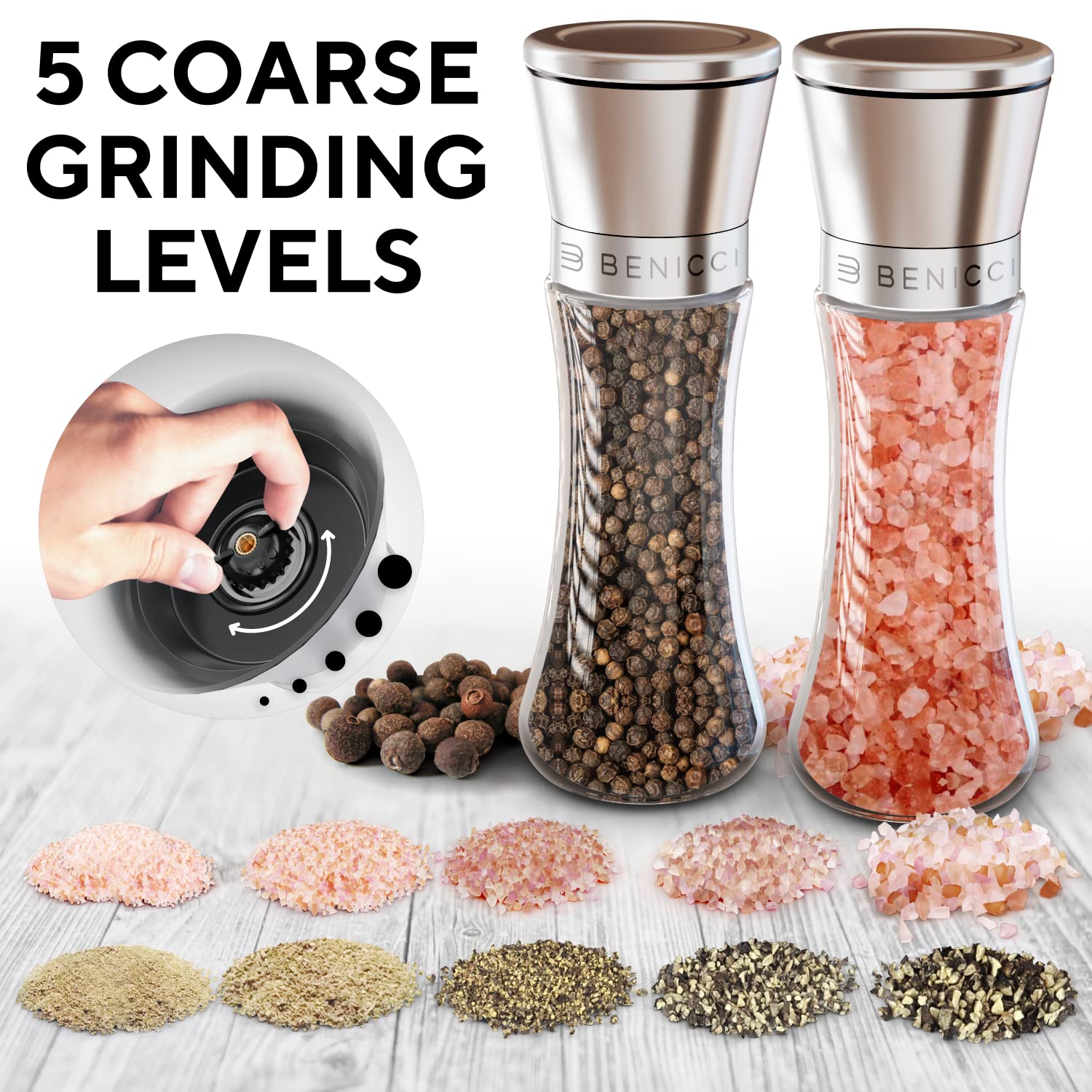 Premium Salt And Pepper Grinder Set Of 2 - Two Refillable, Stainless Steel Sea & Spice Shakers With Adjustable Coarse Mills Easy