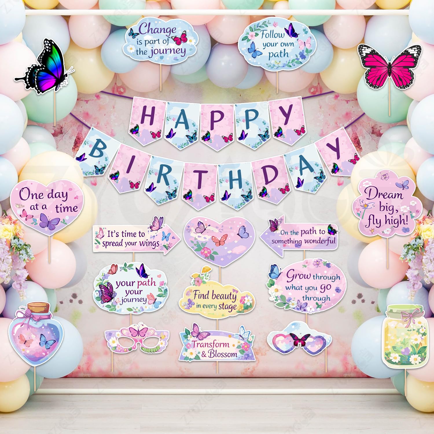 Zyozique Butterfly Theme Birthday Party Decorations Combo, Happy Birthday Paper Banner, Photo Booth Props & Pastel Balloons, But