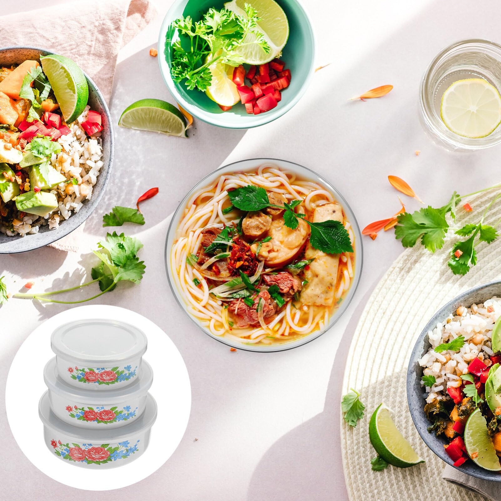 Kichvoe 3Pcs Enamel Mixing Bowl Set Vintage Enamel Bowl With Lid Chinese Style Soup Basin Salad Fruit Food Storage Container Pre
