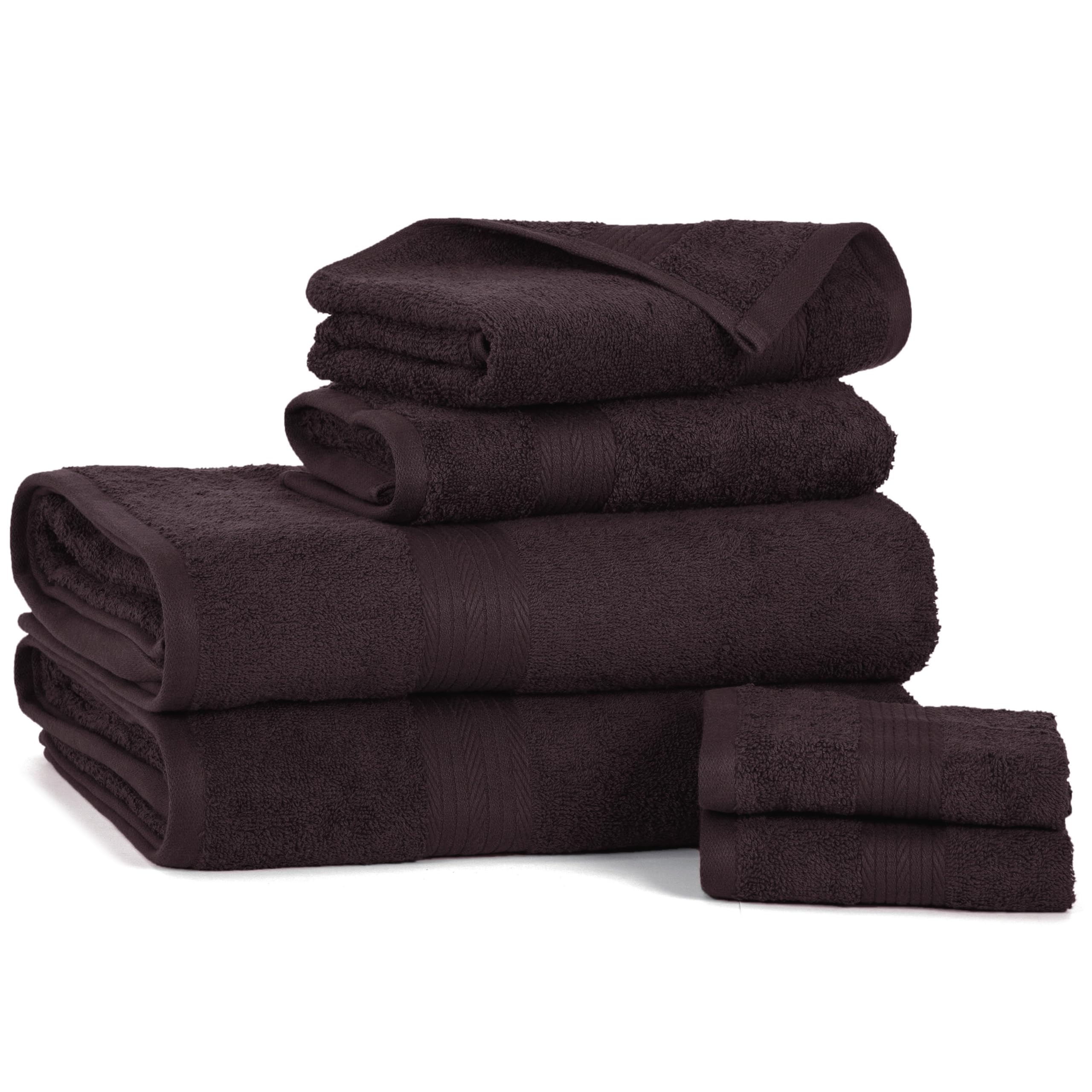 Ample Decor 100% Cotton Bathroom Towels Set of 6-2 Bath Towels  2 Hand Towels  2 Wash Cloths  Quick Drying - Brown Towel Sets