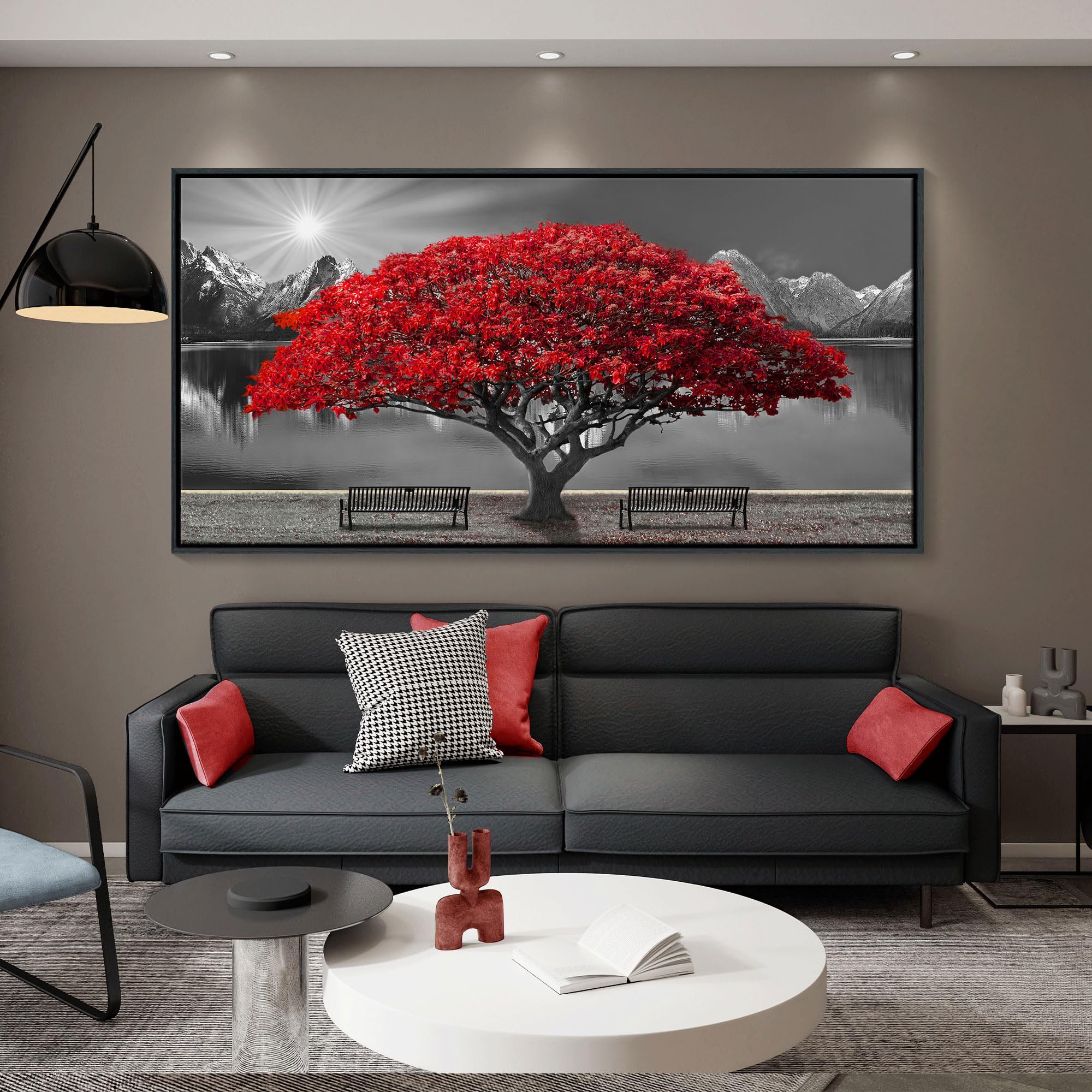 Framed Black And White Red Tree Wall Art Canvas Print Picture Large Red Tree Landscape Modern Artwork For Living Room Bedroom Of
