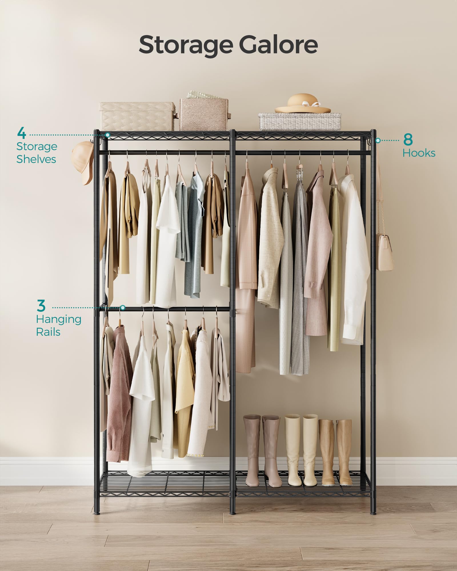 Songmics Clothes Rack, Freestanding Wardrobe Closet, Metal Clothing Racks, Heavy-Duty Garment Rack With Adjustable Shelves, Hang