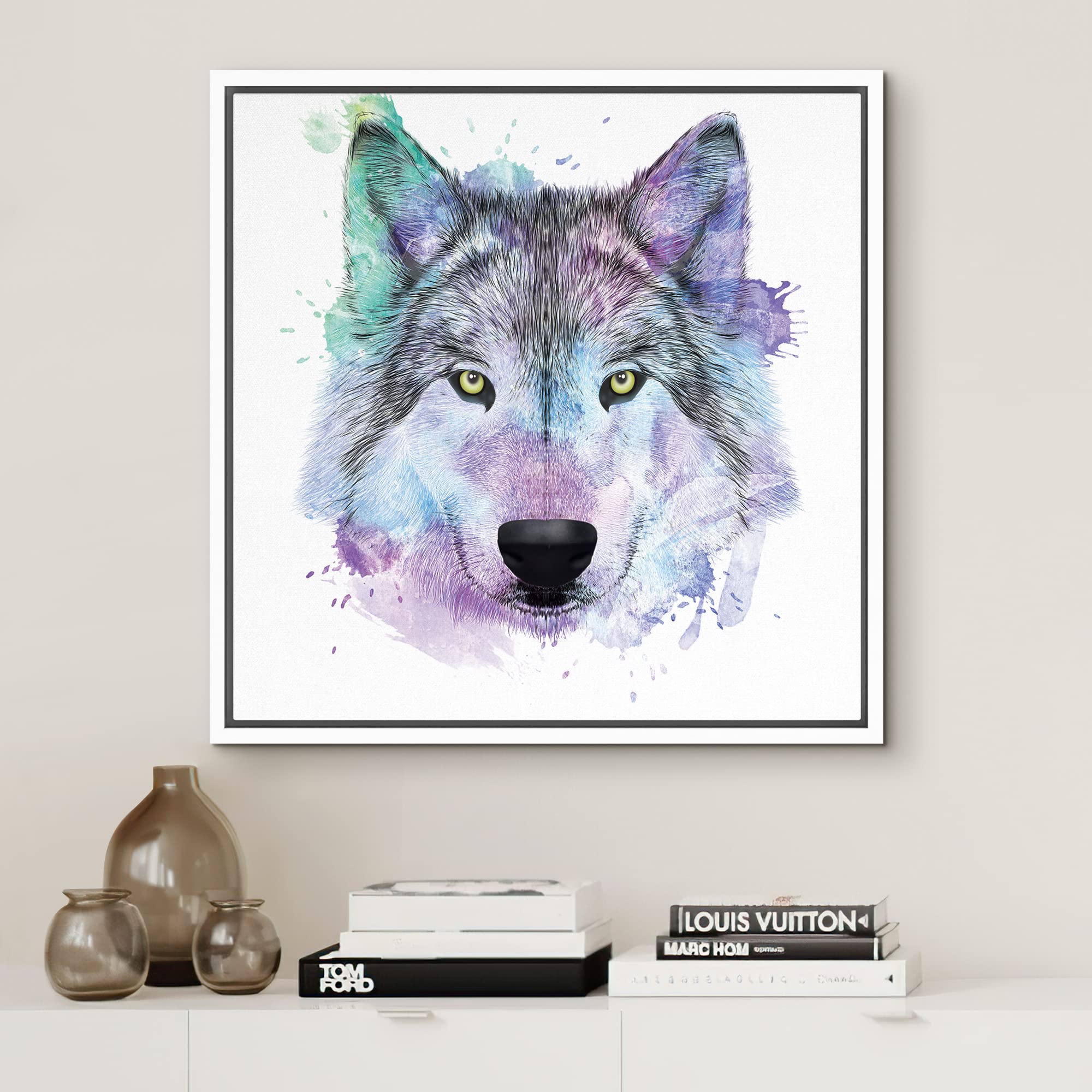 Wall26 - Fun And Colorful Splattered Watercolor Wolf - Framed Canvas Art Home Art - 24''X24'' White